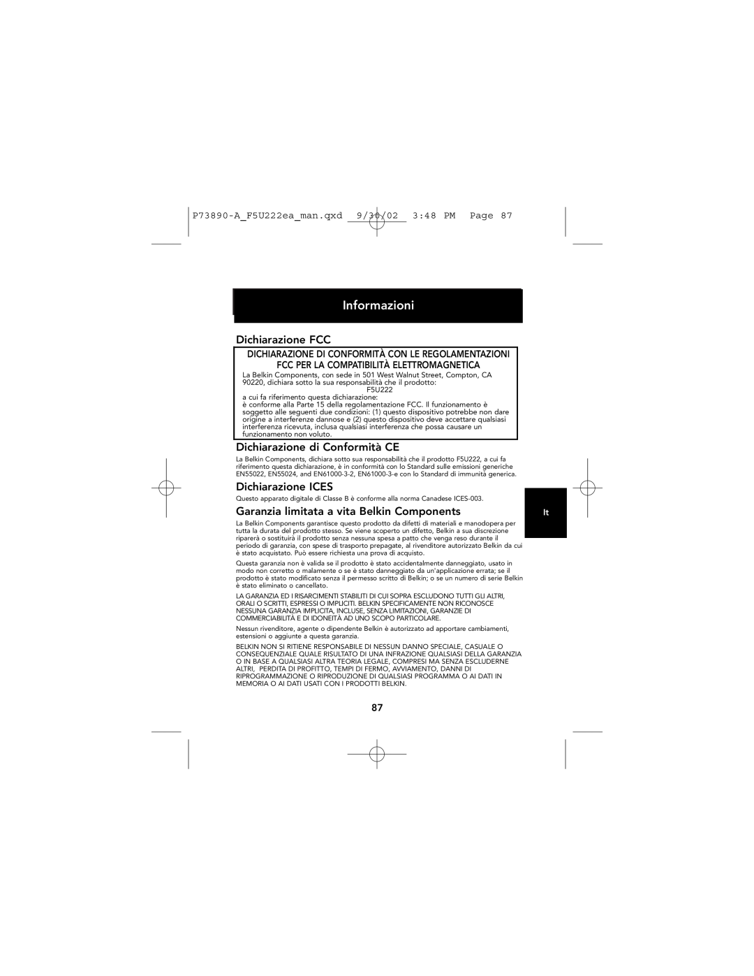 Belkin P73890EA-A manual Informazioni, Dichiarazione FCC, Dichiarazione di Conformità CE, Dichiarazione ICES 