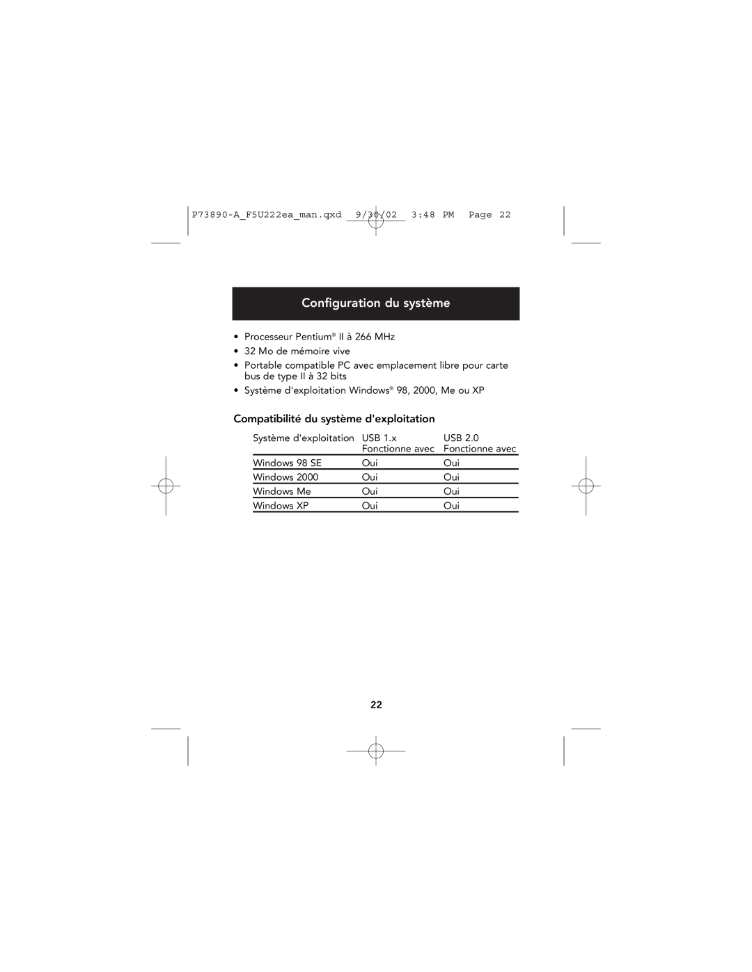 Belkin P73890EA-A manual Configuration du système, Compatibilité du système dexploitation 