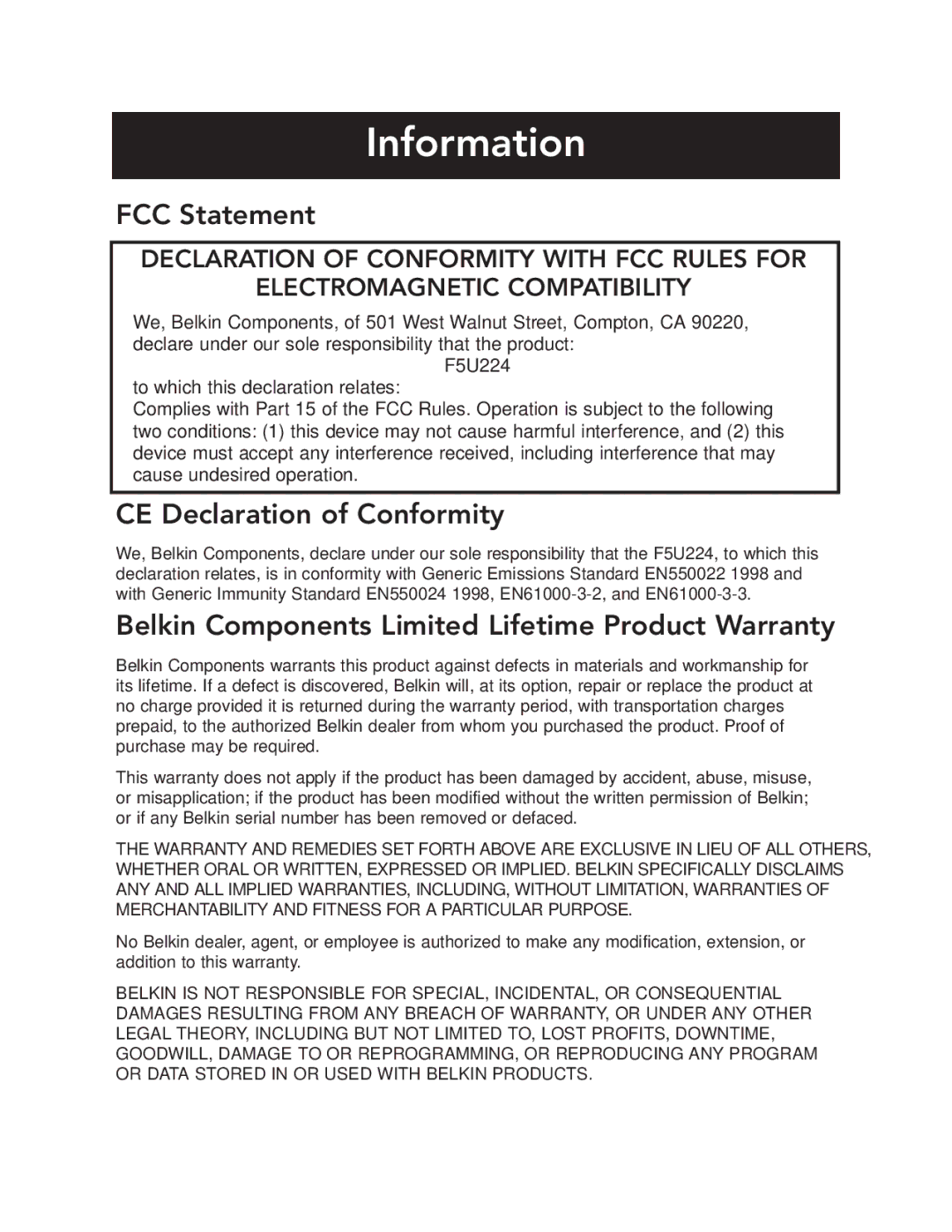 Belkin P73965 user manual Information, FCC Statement 