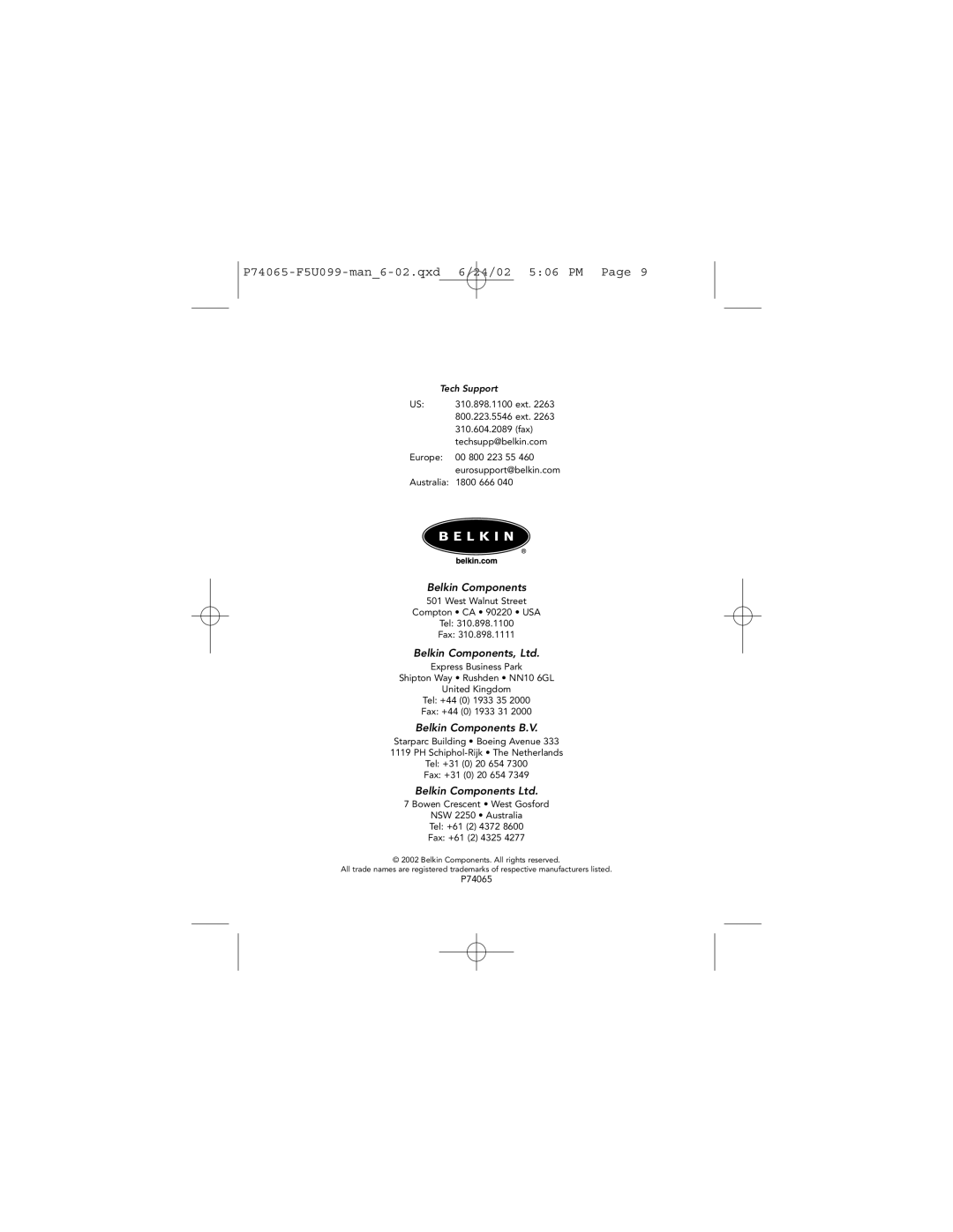 Belkin F5U099, P74065 user manual Belkin Components 