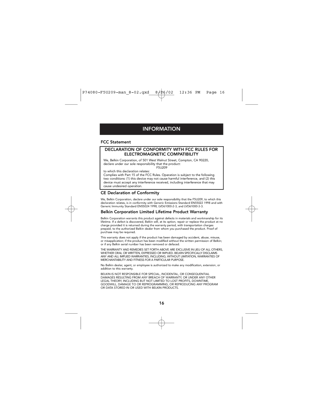 Belkin P74080 user manual Information, CE Declaration of Conformity 