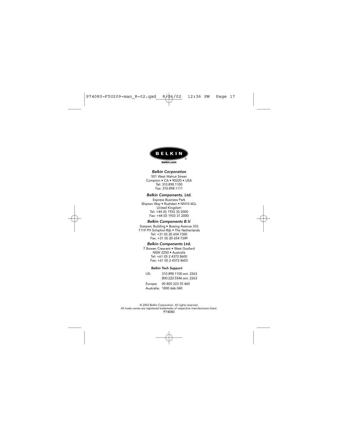 Belkin P74080 user manual Belkin Corporation 