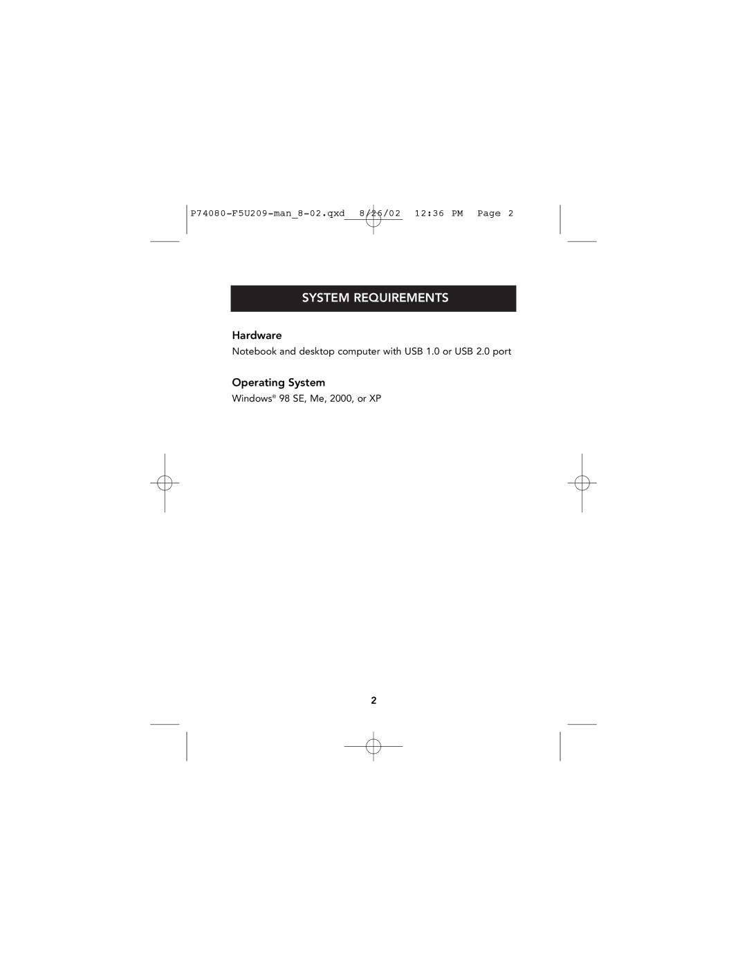 Belkin P74080 user manual System Requirements, Hardware Operating System 