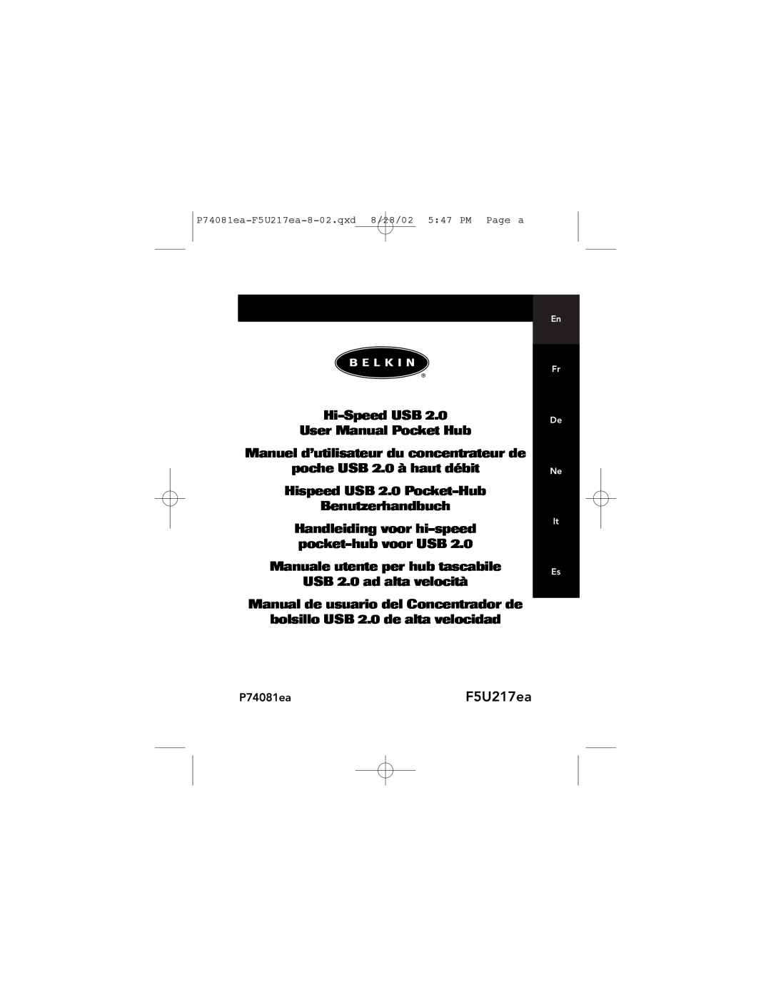Belkin F5U217EA user manual P74081ea-F5U217ea-8-02.qxd 8/28/02 547 PM Page a, Hi-Speed USB User Manual Pocket Hub 