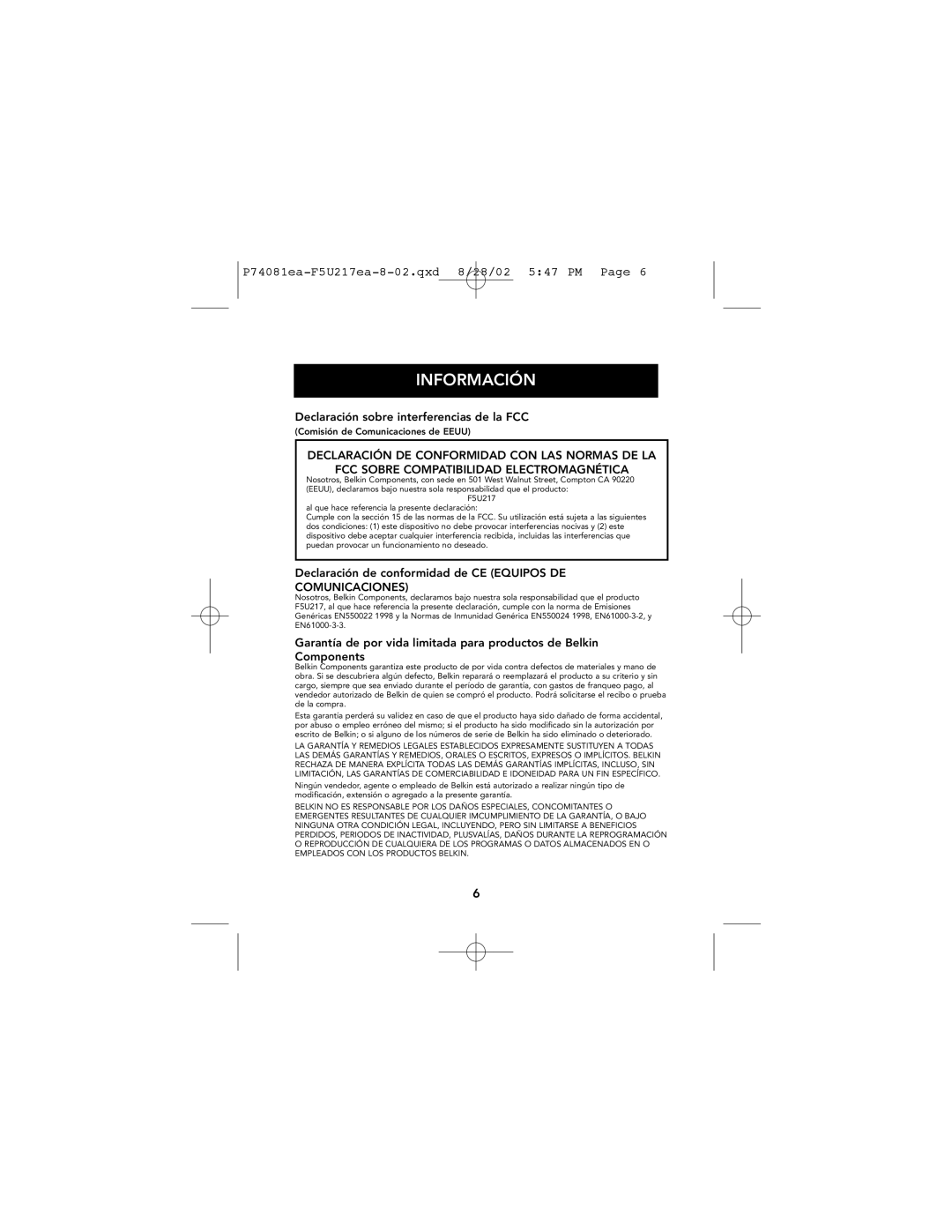Belkin P74081EA Información, P74081ea-F5U217ea-8-02.qxd 8/28/02 547 PM Page, Declaración sobre interferencias de la FCC 