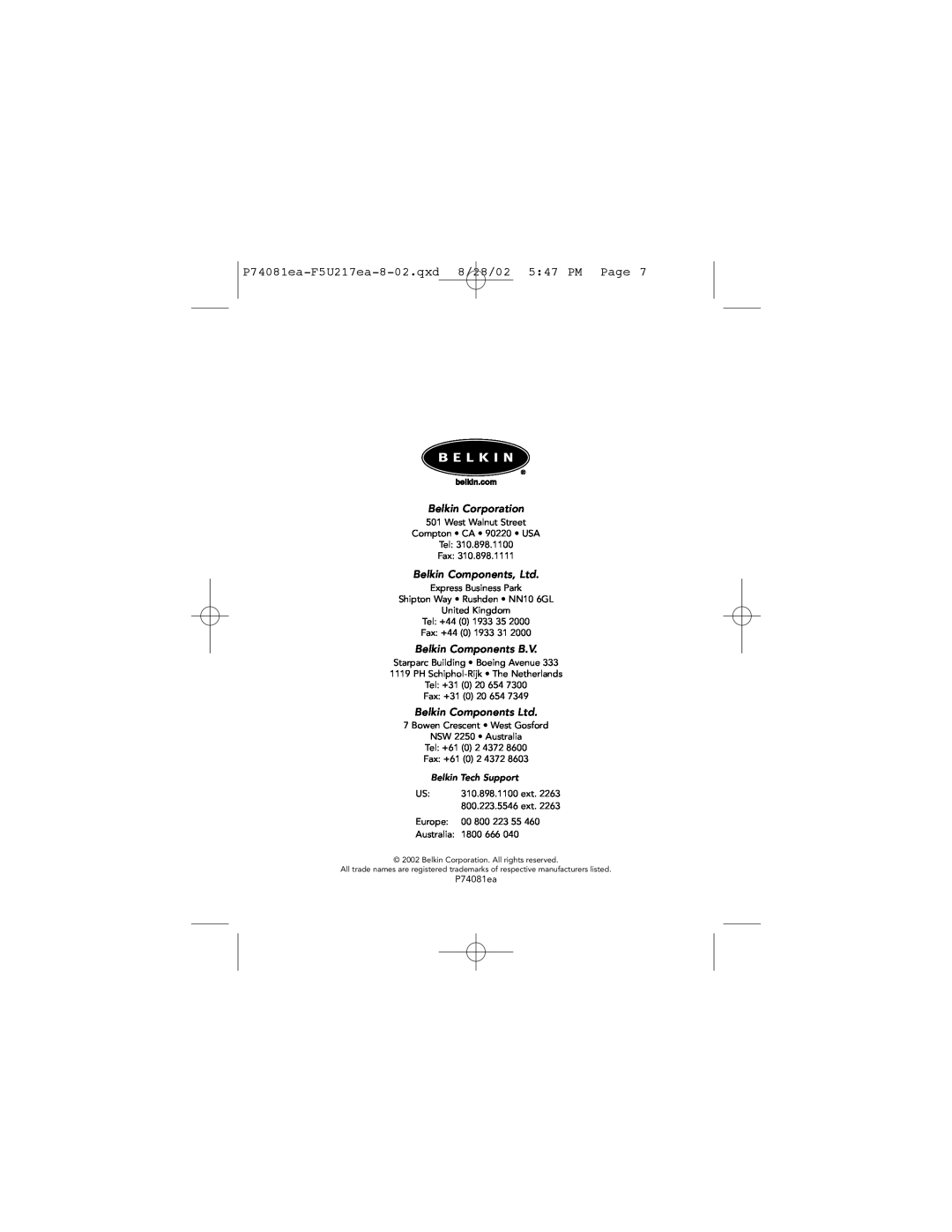 Belkin F5U217EA, P74081EA P74081ea-F5U217ea-8-02.qxd 8/28/02 547 PM Page, Belkin Corporation, Belkin Components B.V 