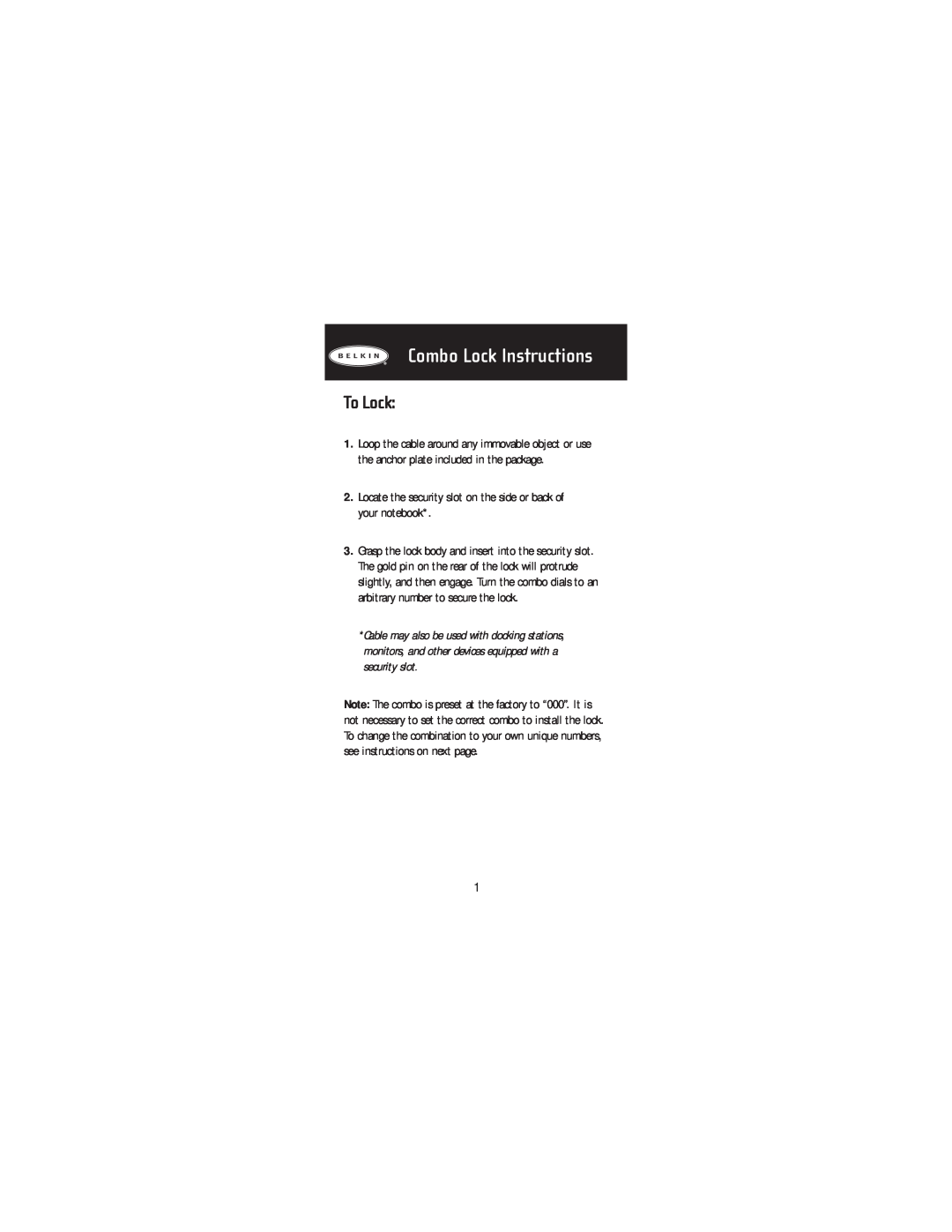 Belkin F8E503, P74101tt manual To Lock, Combo Lock Instructions 