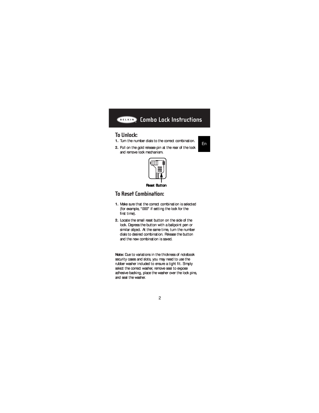 Belkin P74101tt, F8E503 manual To Unlock, To Reset Combination, Reset Button, Combo Lock Instructions 