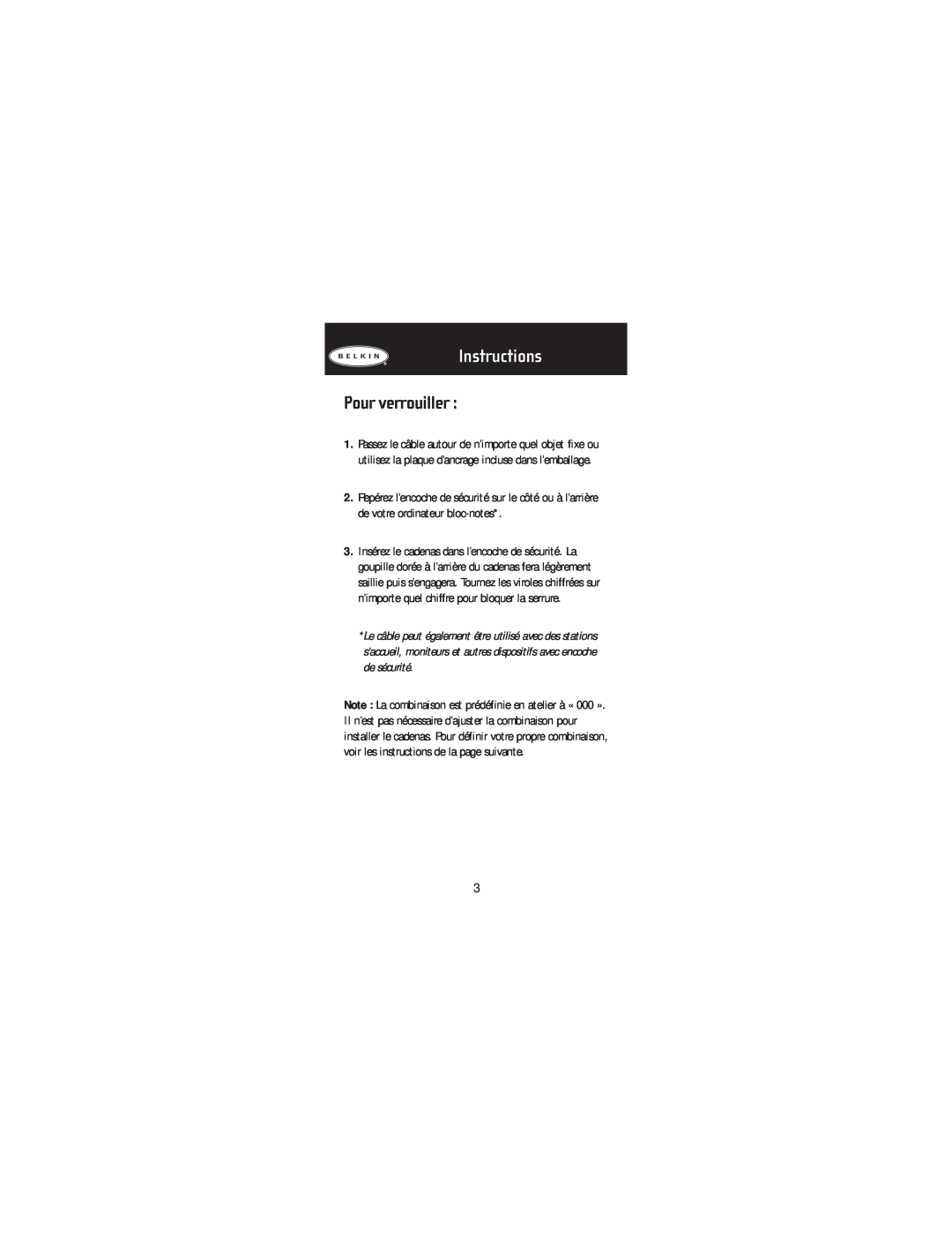 Belkin F8E503, P74101tt manual Instructions, Pour verrouiller 