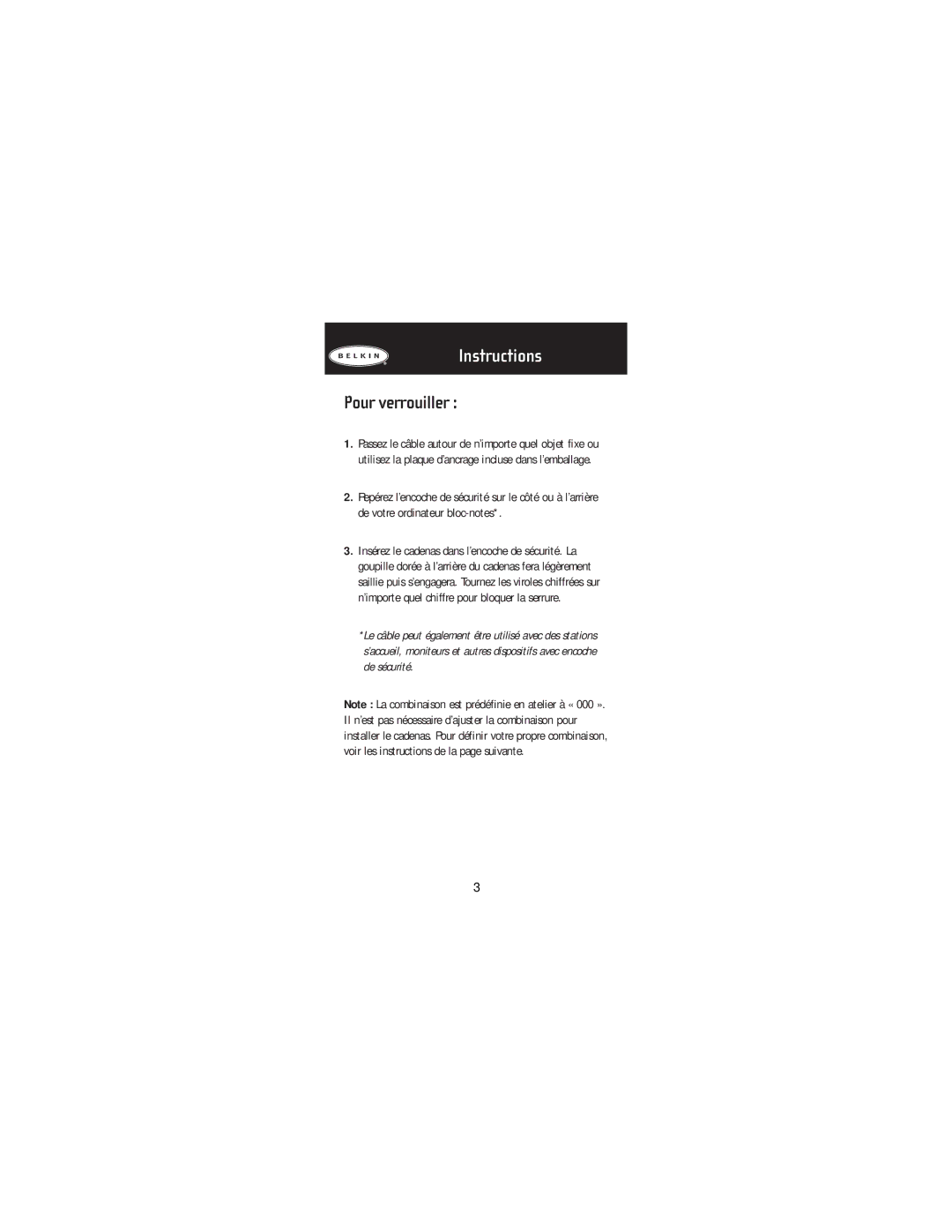 Belkin F8E503, P74101tt manual Instructions, Pour verrouiller 