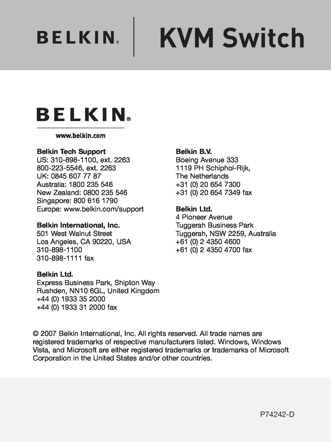 Belkin P74242-D manual KVM Switch, Belkin Tech Support, Belkin B.V, Belkin International, Inc 