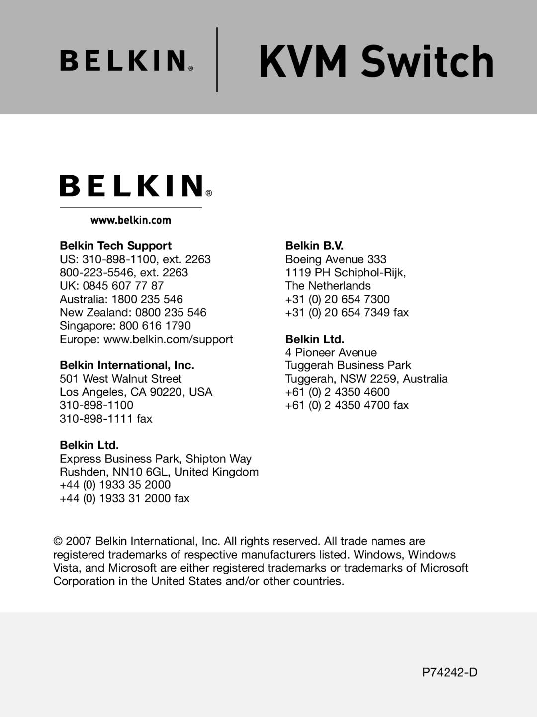 Belkin P74242-D manual KVM Switch 