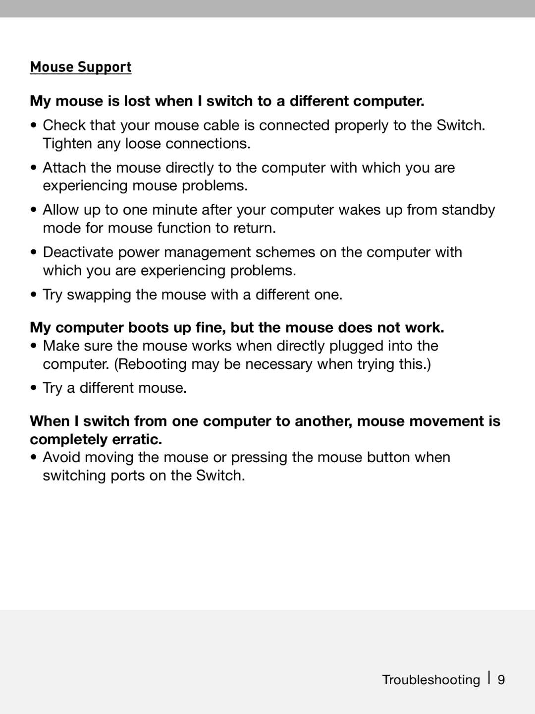 Belkin P74242-D manual My computer boots up fine, but the mouse does not work 