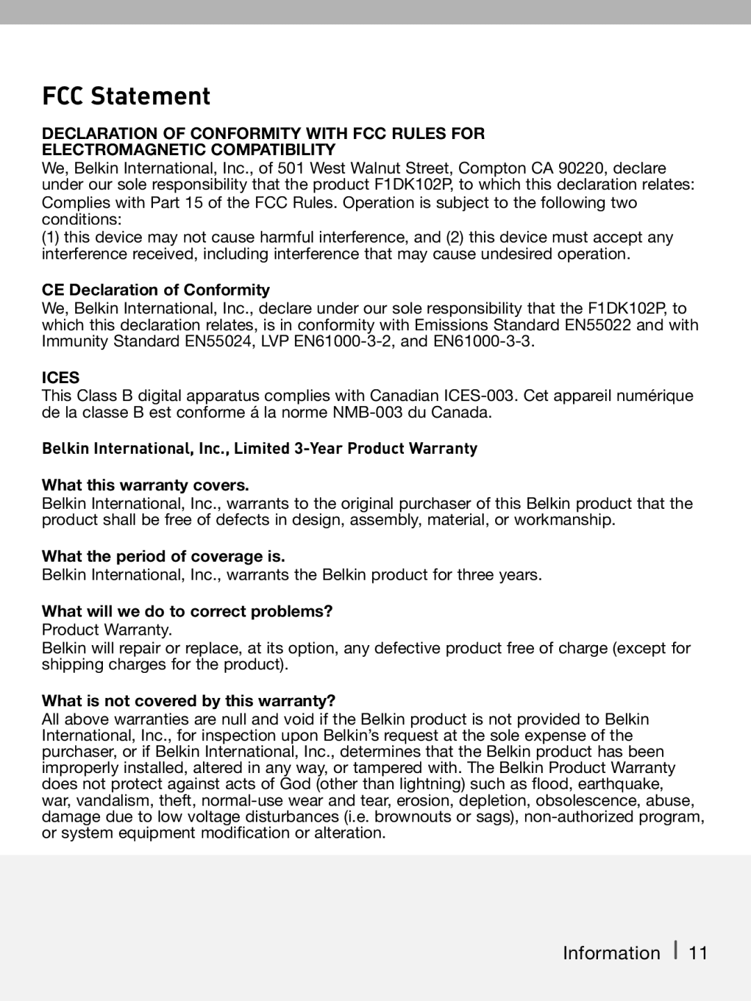 Belkin P74242-D manual FCC Statement 