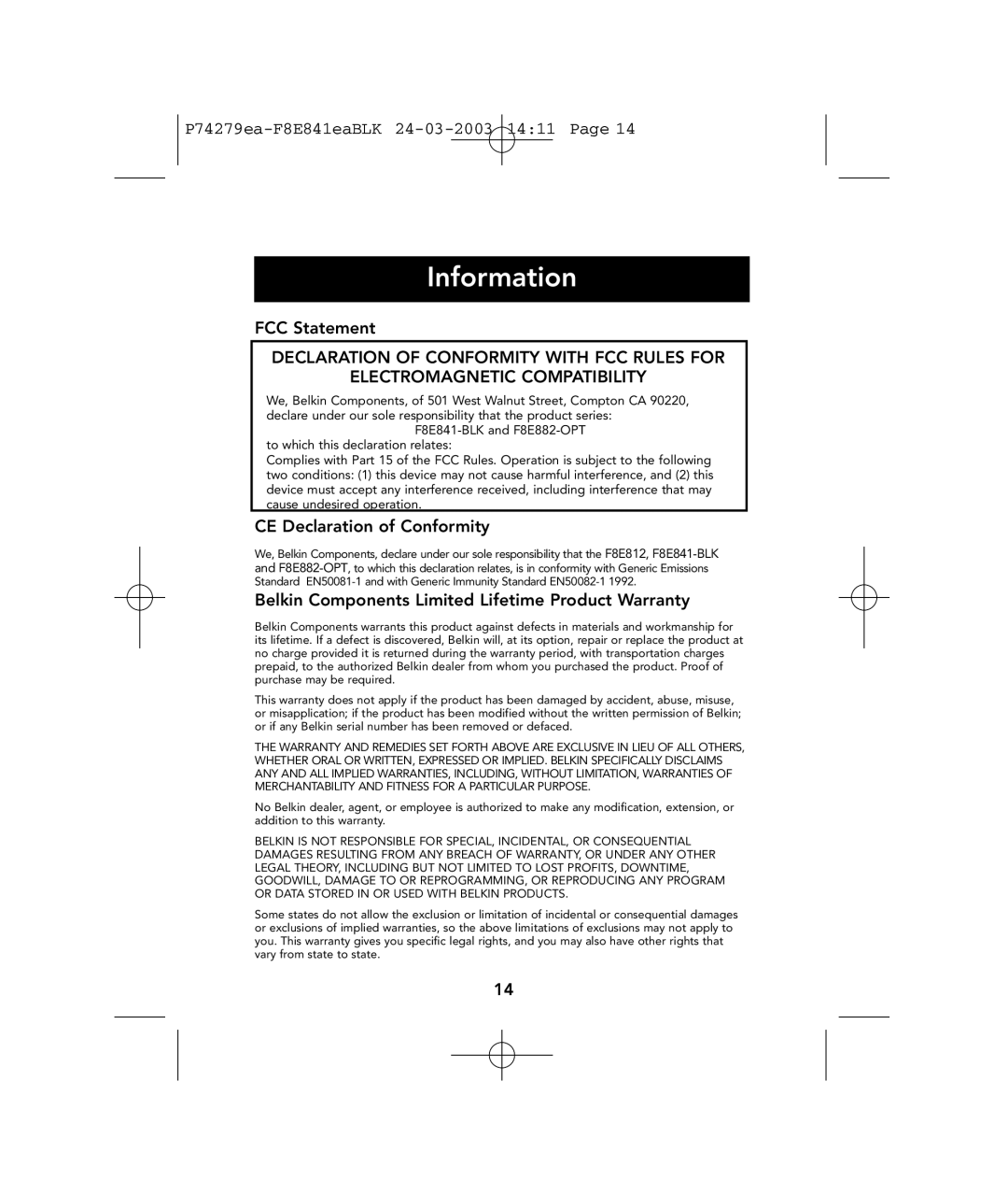 Belkin P74279ea user manual Information, FCC Statement, CE Declaration of Conformity 