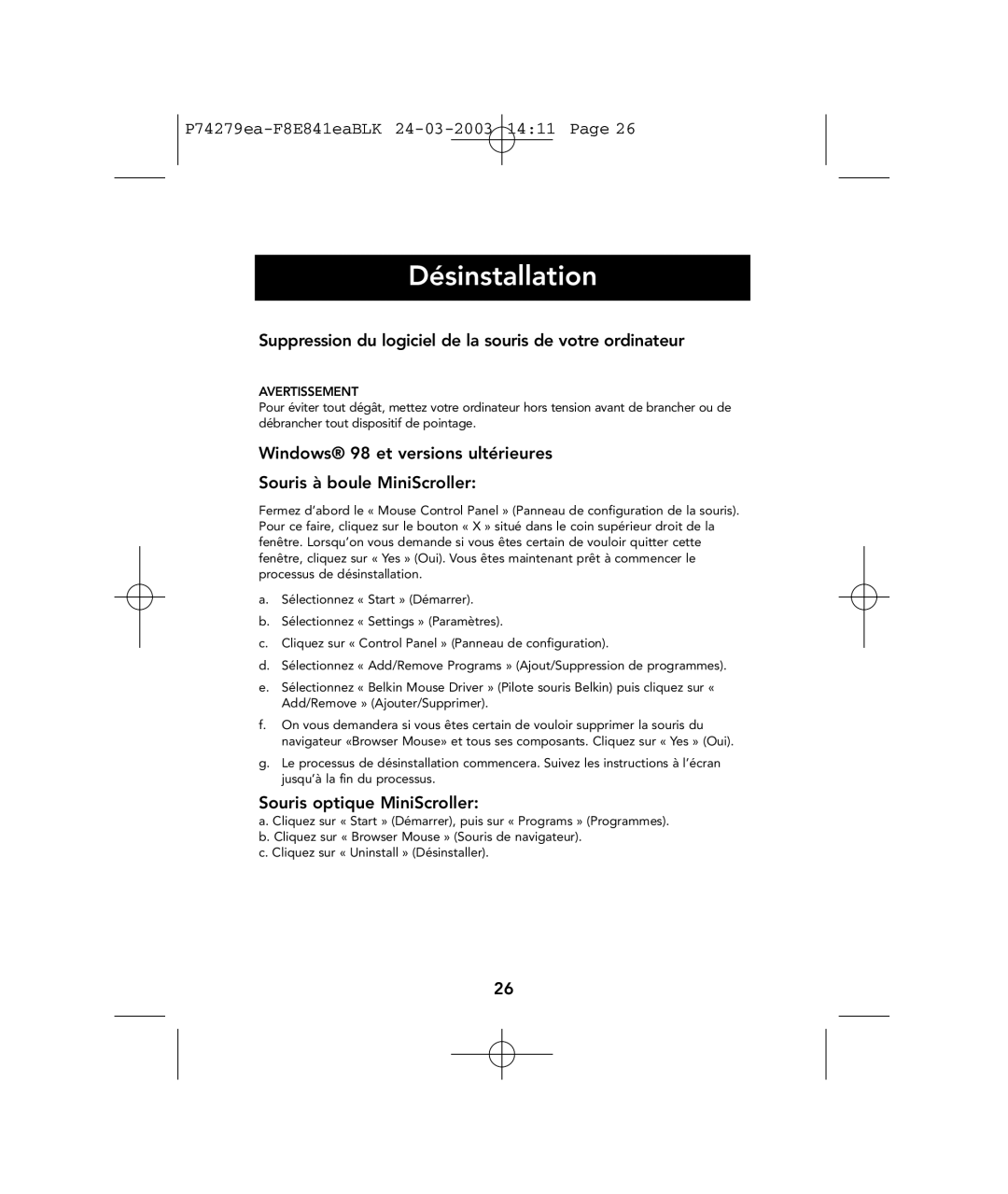 Belkin P74279ea Désinstallation, Suppression du logiciel de la souris de votre ordinateur, Souris optique MiniScroller 