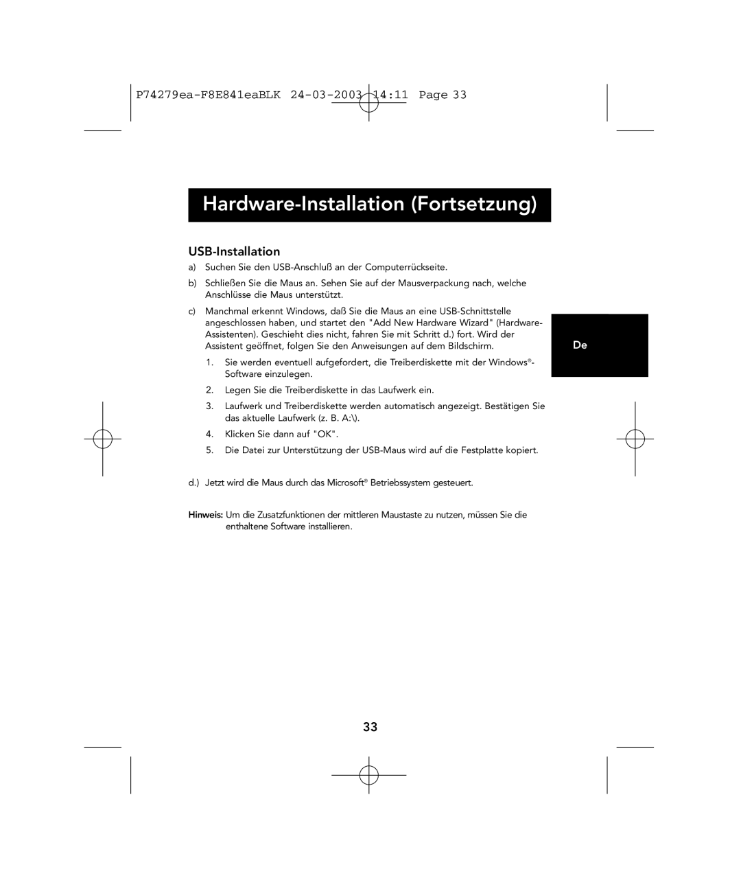 Belkin P74279ea user manual Hardware-Installation Fortsetzung, USB-Installation 