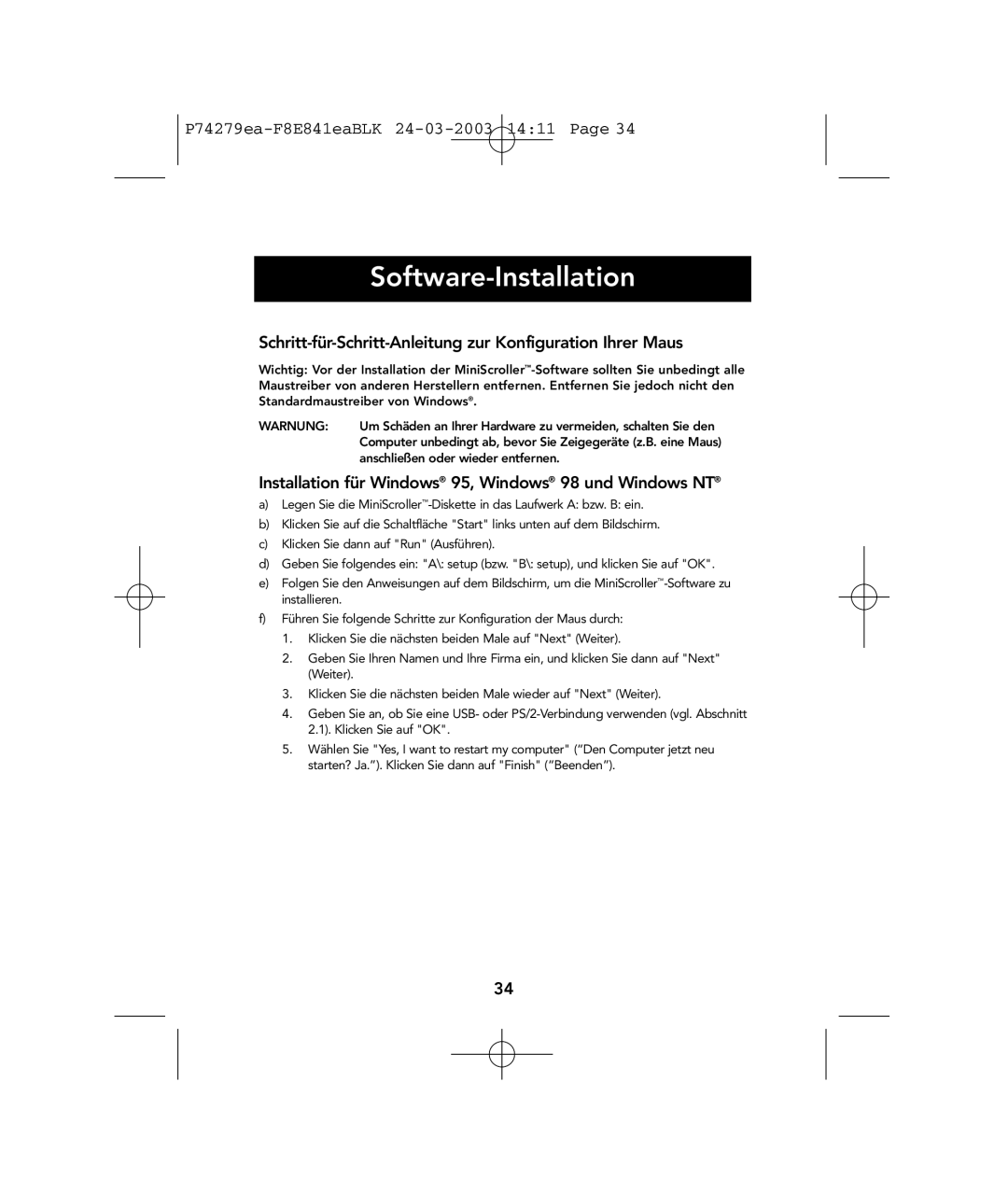 Belkin P74279ea user manual Software-Installation, Schritt-für-Schritt-Anleitung zur Konfiguration Ihrer Maus 