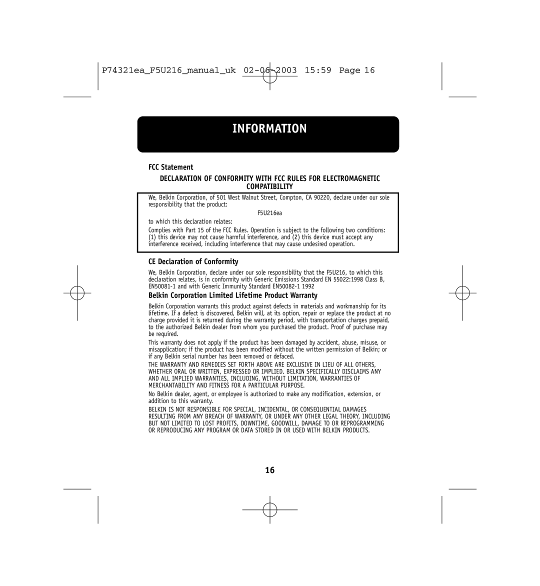 Belkin F5U216ea, P74321ea user manual Information, FCC Statement, CE Declaration of Conformity 