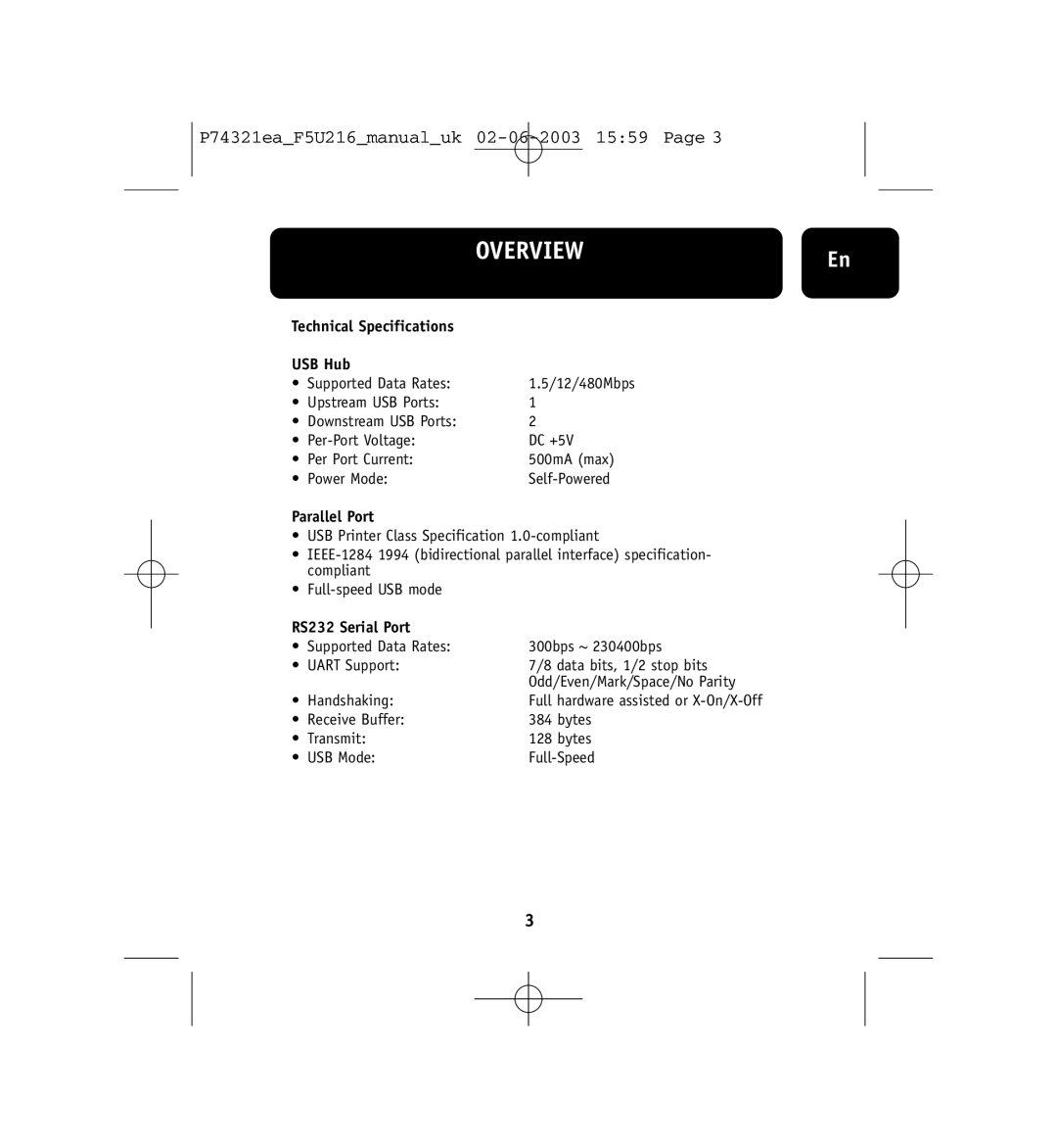 Belkin P74321ea, F5U216ea user manual Technical Specifications USB Hub, Parallel Port, RS232 Serial Port 