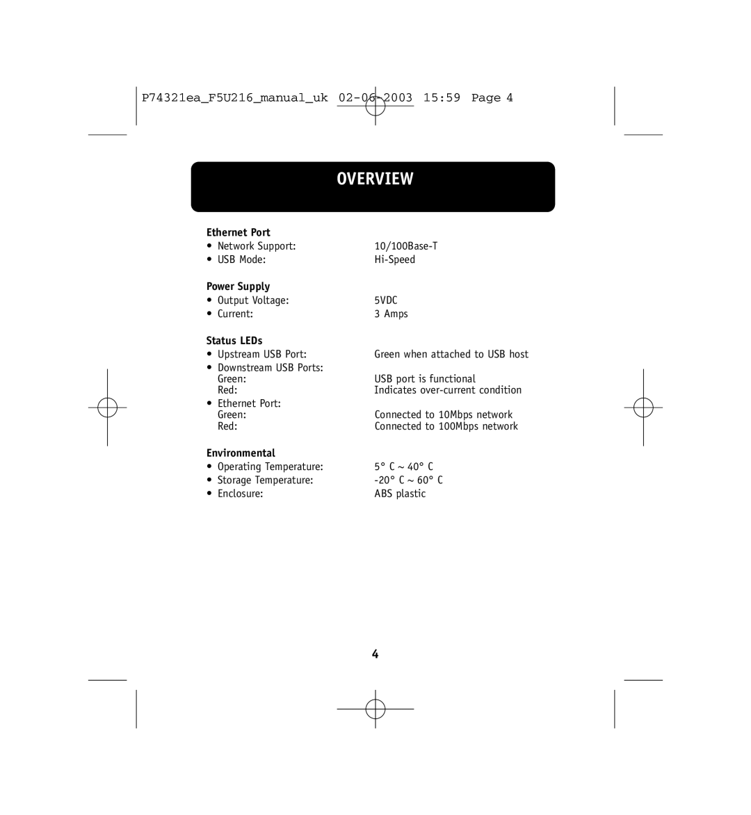 Belkin F5U216ea, P74321ea user manual Ethernet Port, Power Supply, Status LEDs, Environmental 