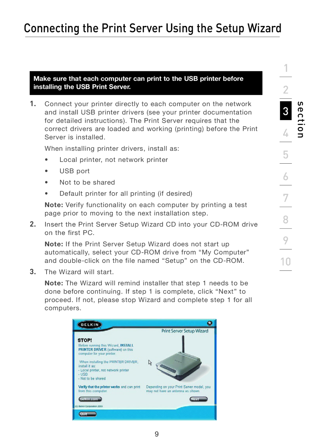 Belkin P74393UK manual Connecting the Print Server Using the Setup Wizard 