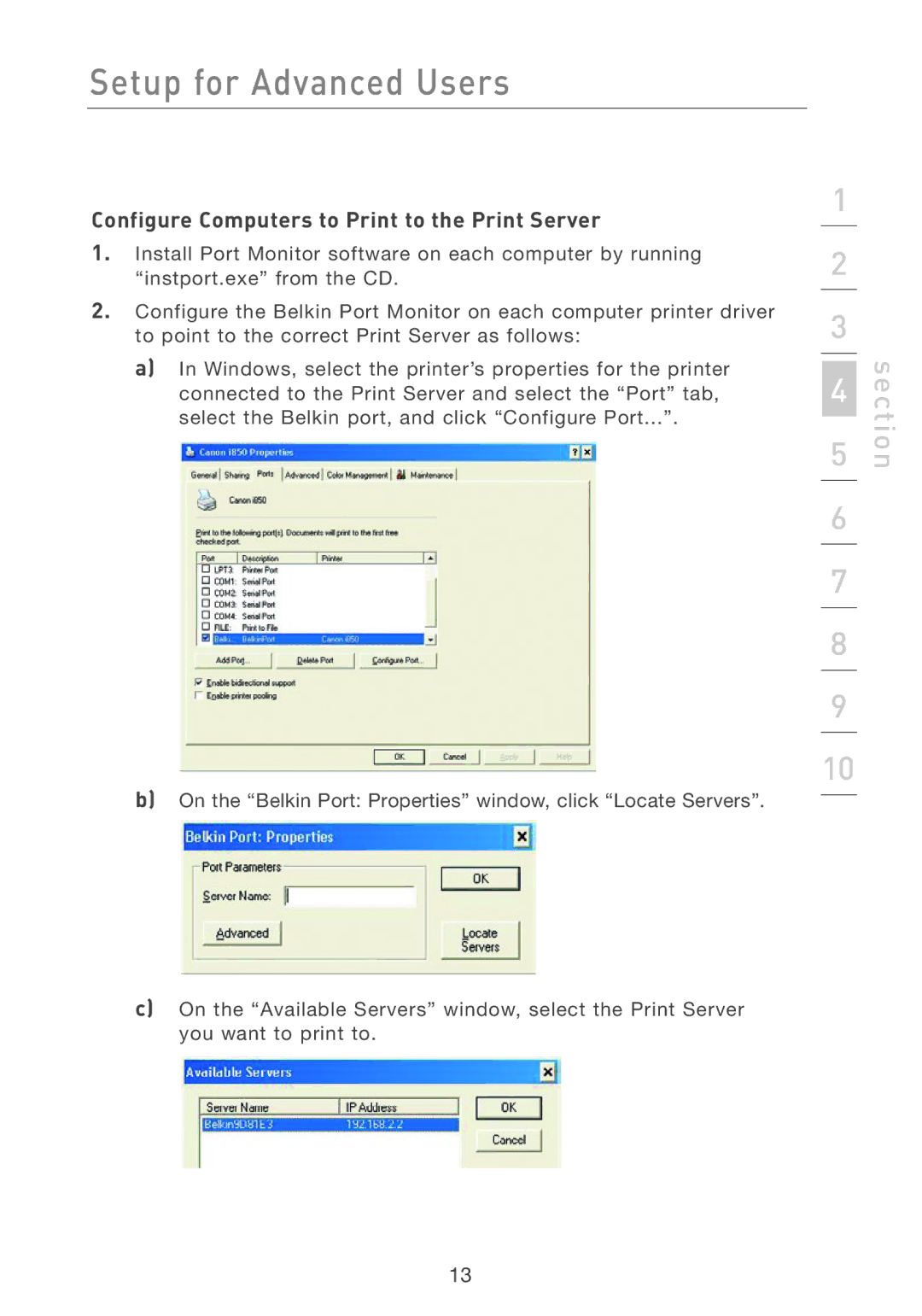 Belkin P74393UK manual Configure Computers to Print to the Print Server 