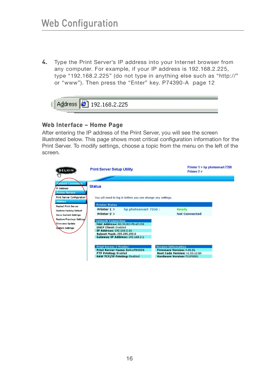 Belkin P74393UK manual Web Configuration, Web Interface Home 