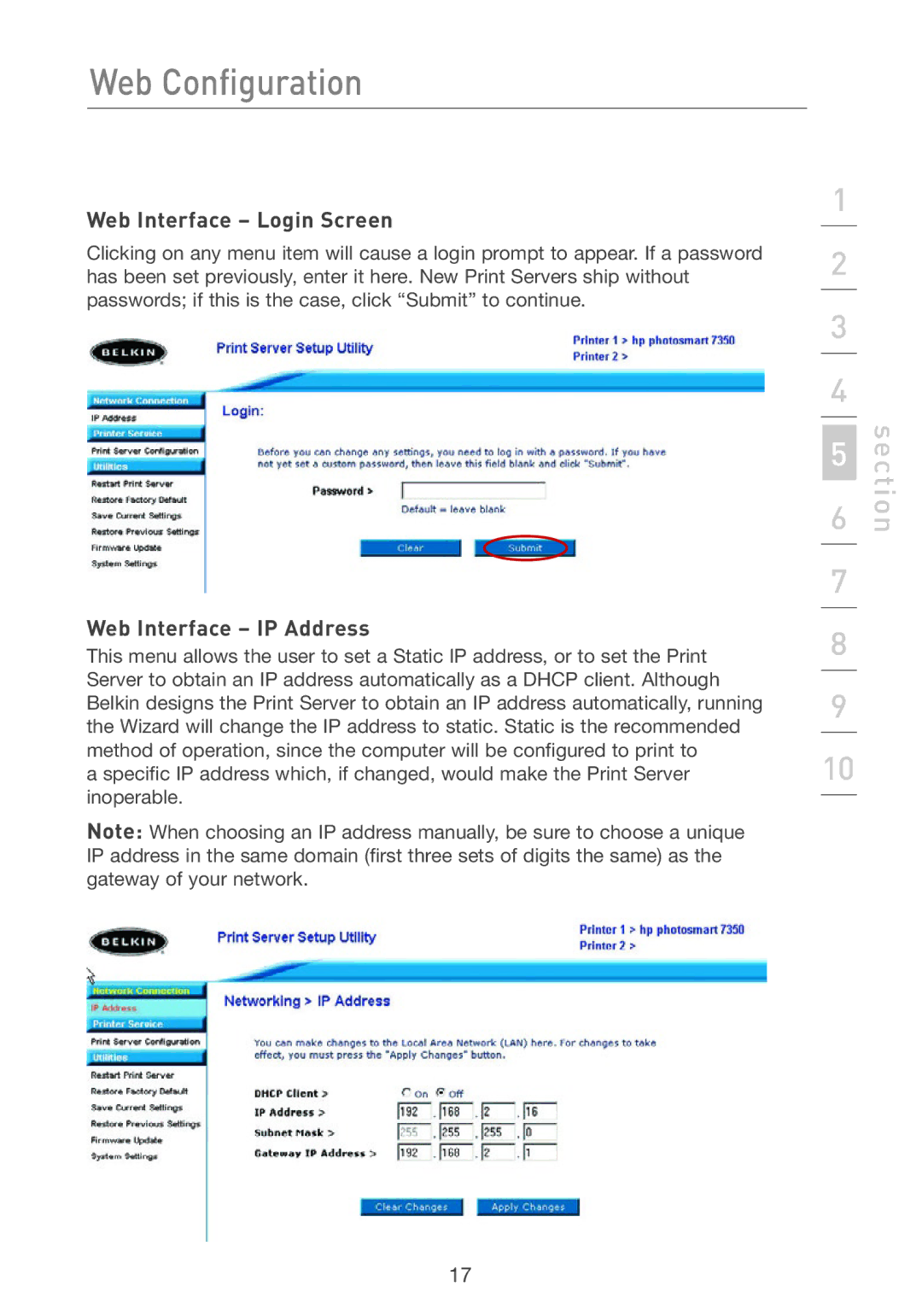 Belkin P74393UK manual Web Interface Login Screen, Web Interface IP Address 