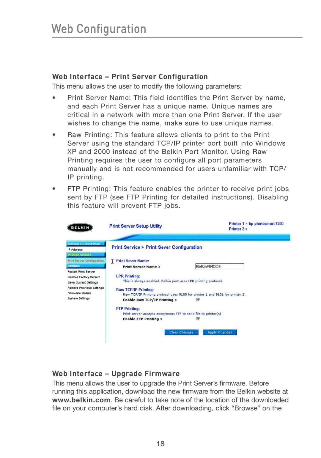 Belkin P74393UK manual Web Interface Print Server Configuration, Web Interface Upgrade Firmware 