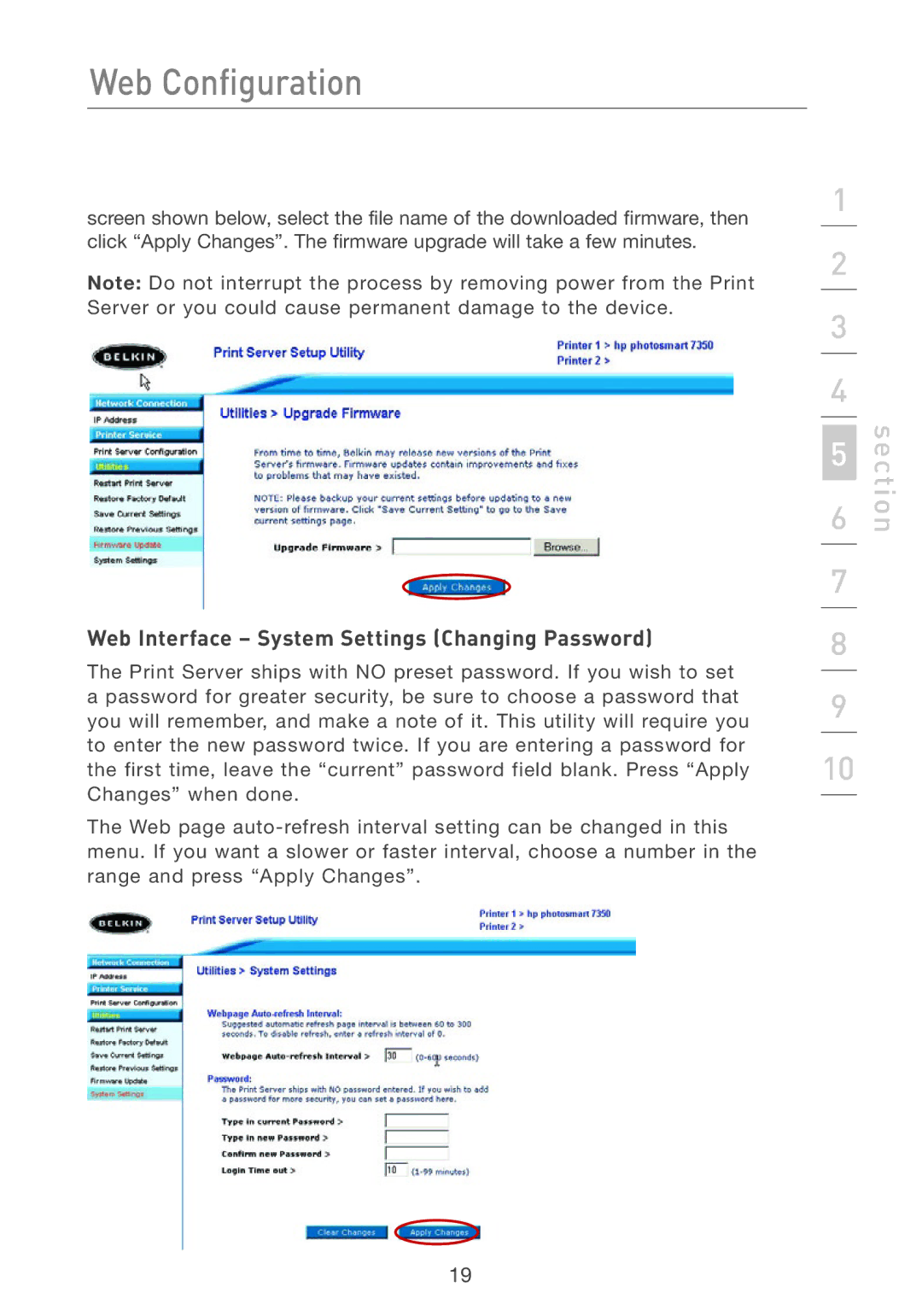 Belkin P74393UK manual Web Interface System Settings Changing Password 