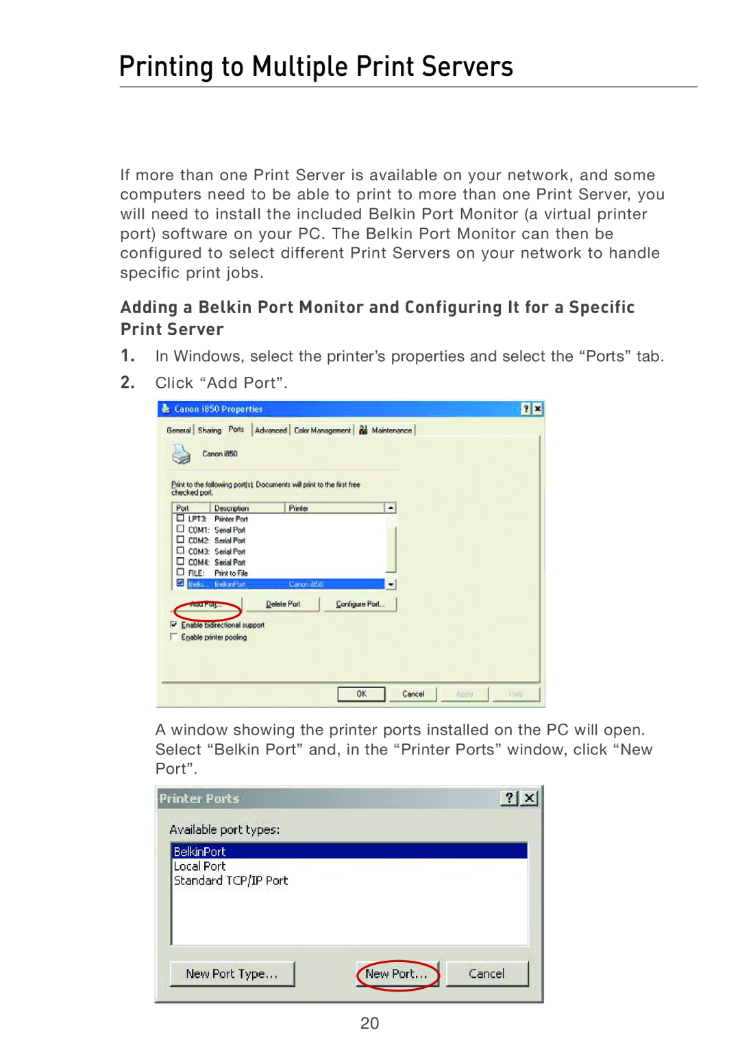 Belkin P74393UK manual Printing to Multiple Print Servers 