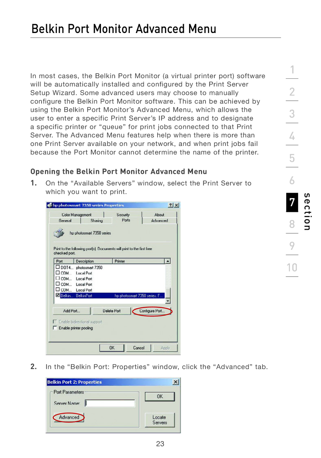 Belkin P74393UK manual Opening the Belkin Port Monitor Advanced Menu 