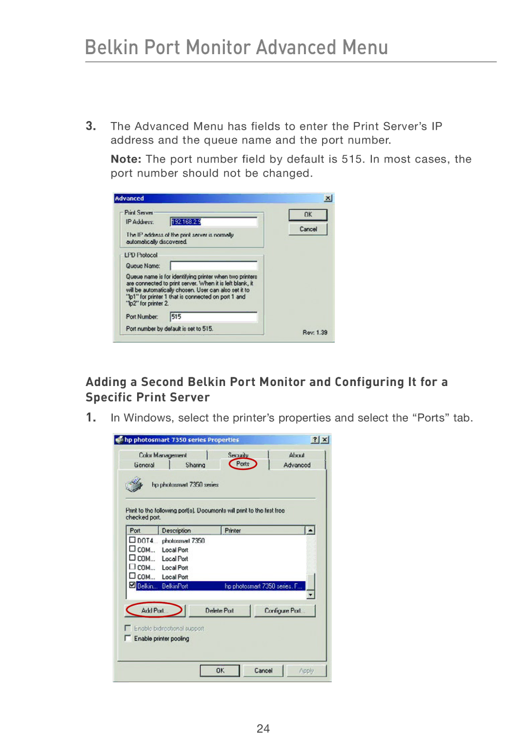 Belkin P74393UK manual Belkin Port Monitor Advanced Menu 