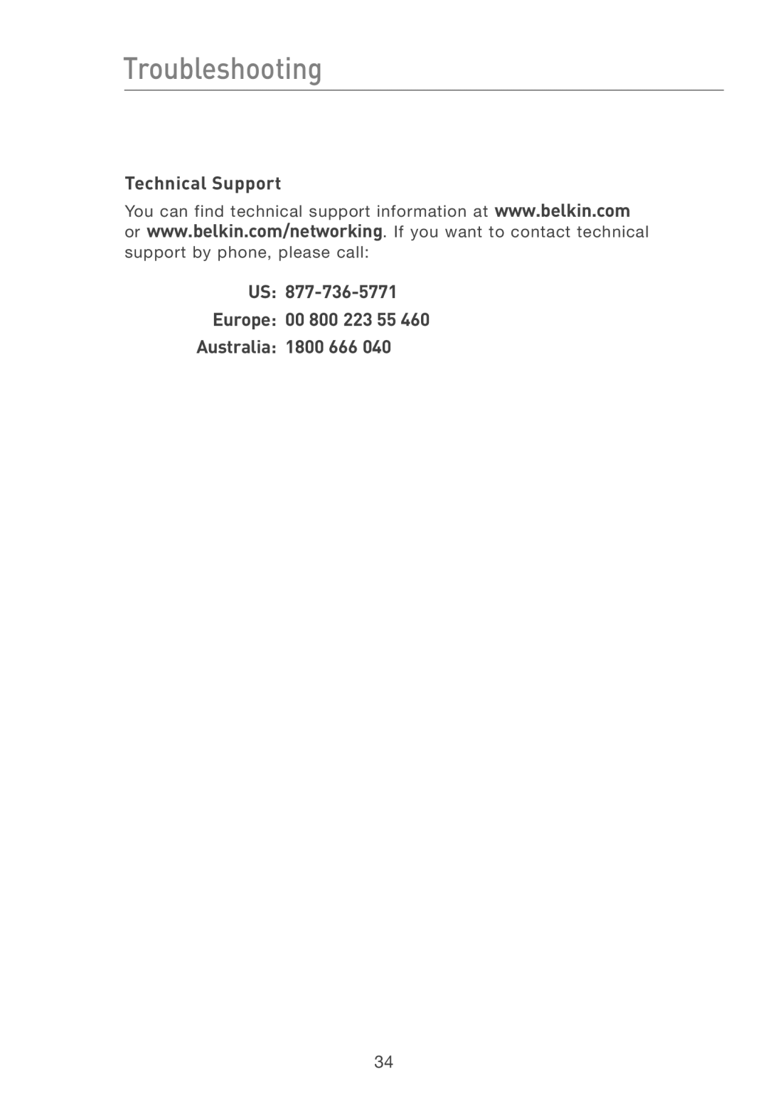 Belkin P74393UK manual Technical Support, Europe 00 800 223 55 Australia 1800 666 