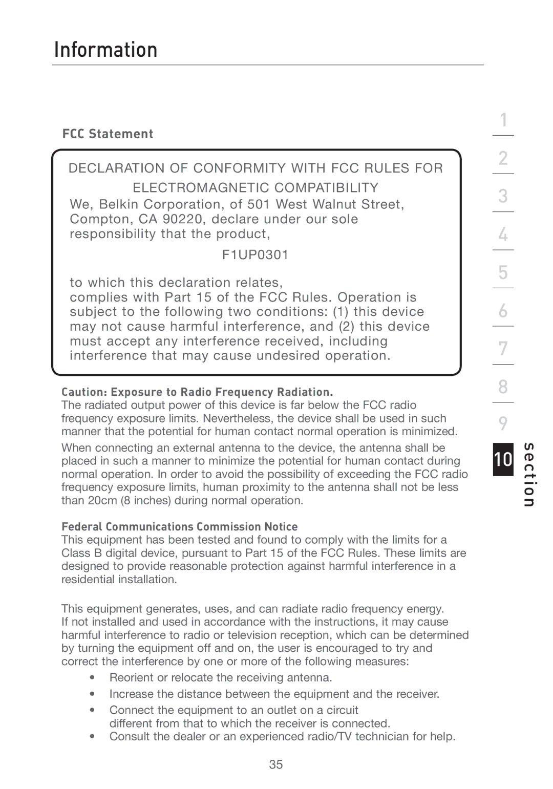 Belkin P74393UK manual Information, FCC Statement 