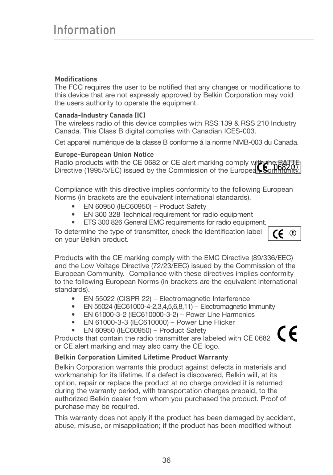 Belkin P74393UK manual Information, Modifications 