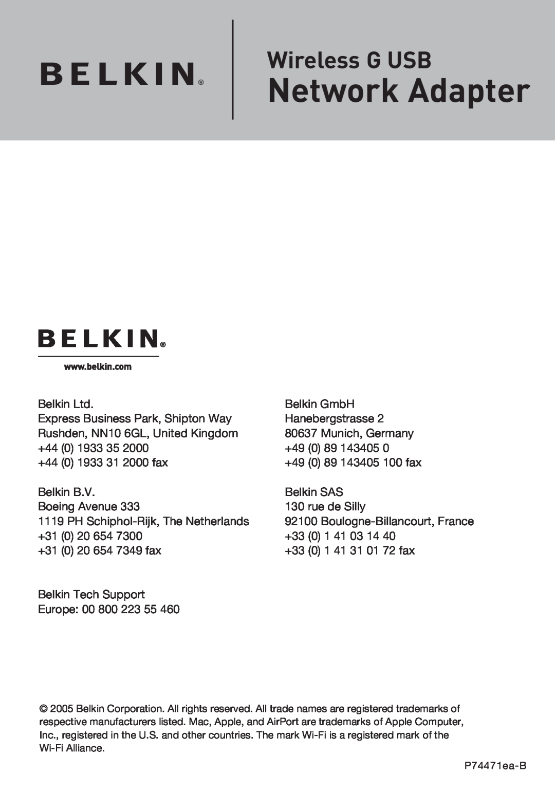 Belkin P74471EA-B manual Network Adapter, Wireless G USB 