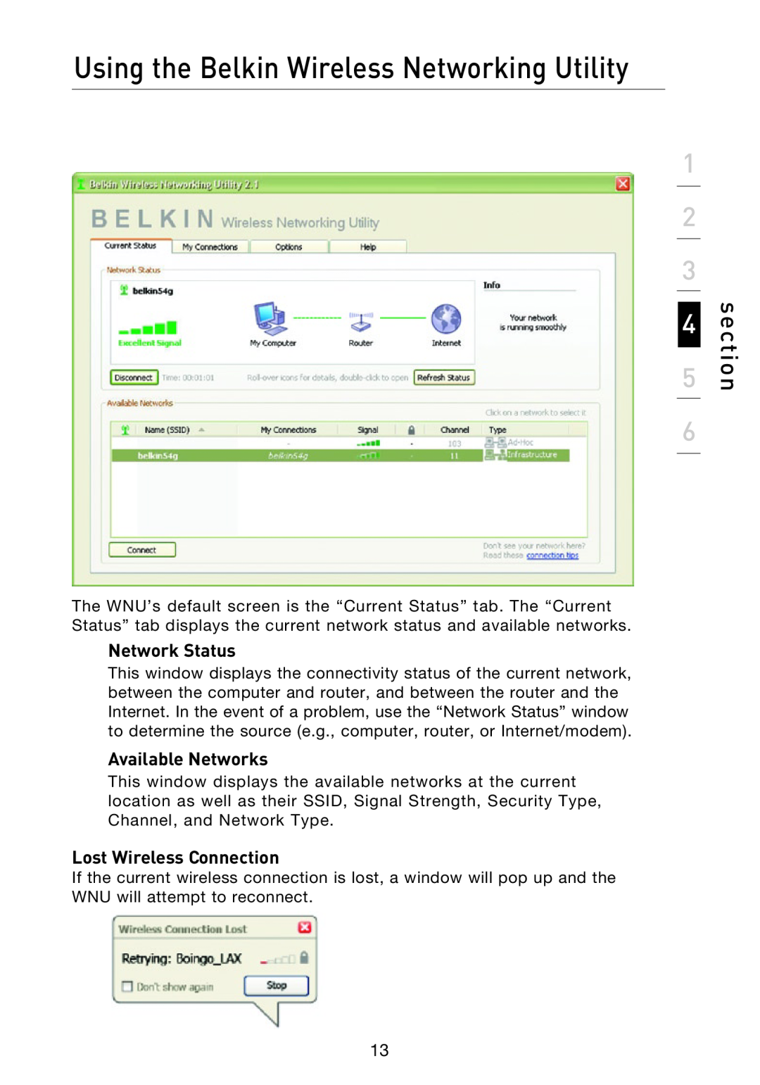 Belkin P74471EA-B manual Network Status, Available Networks, Lost Wireless Connection, section 