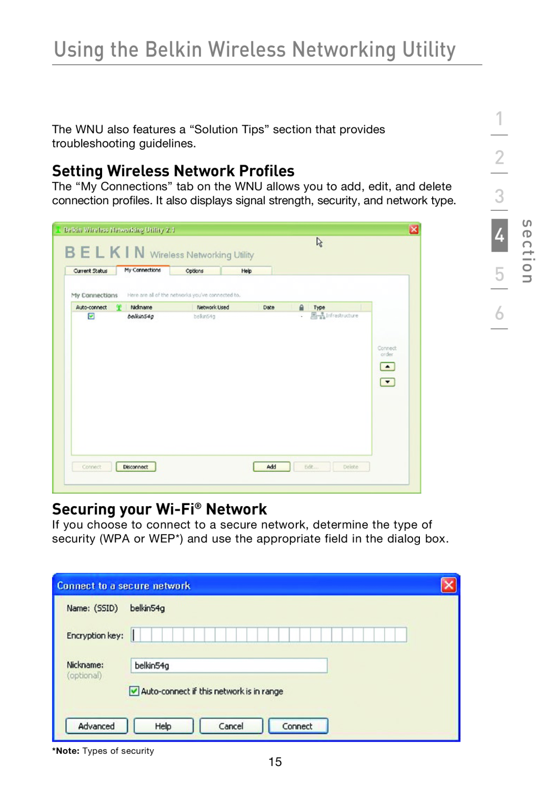 Belkin P74471EA-B manual Setting Wireless Network Profiles, Securing your Wi-Fi Network, section, Note Types of security 