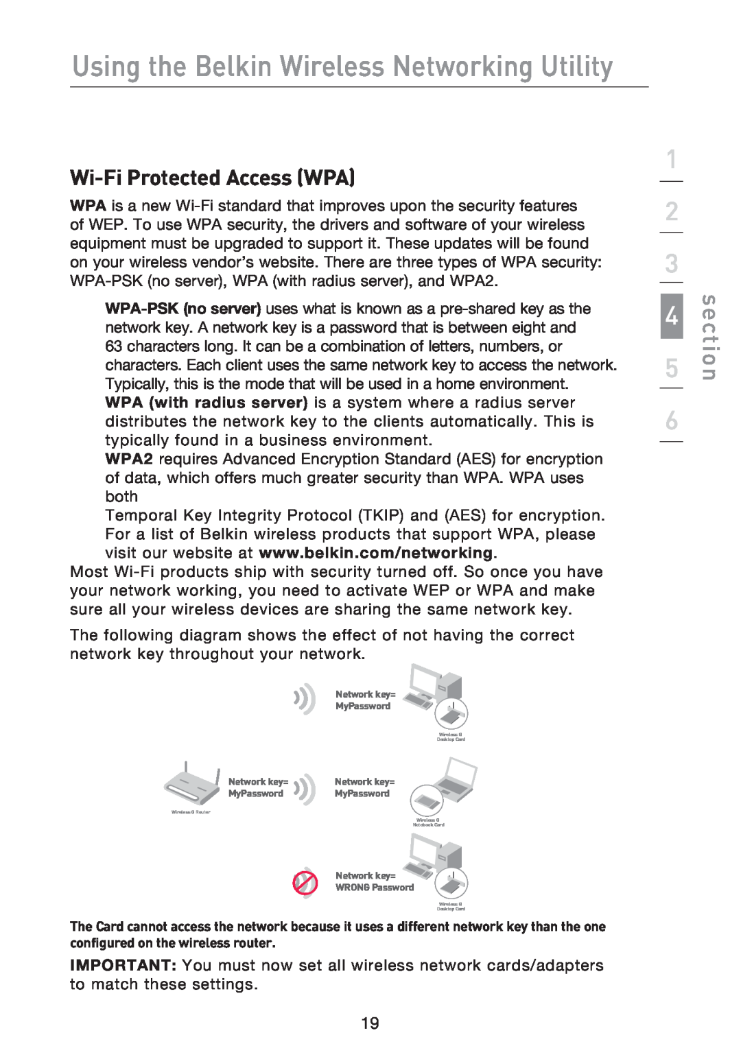 Belkin P74471EA-B manual Wi-Fi Protected Access WPA, Using the Belkin Wireless Networking Utility, section, Network key= 