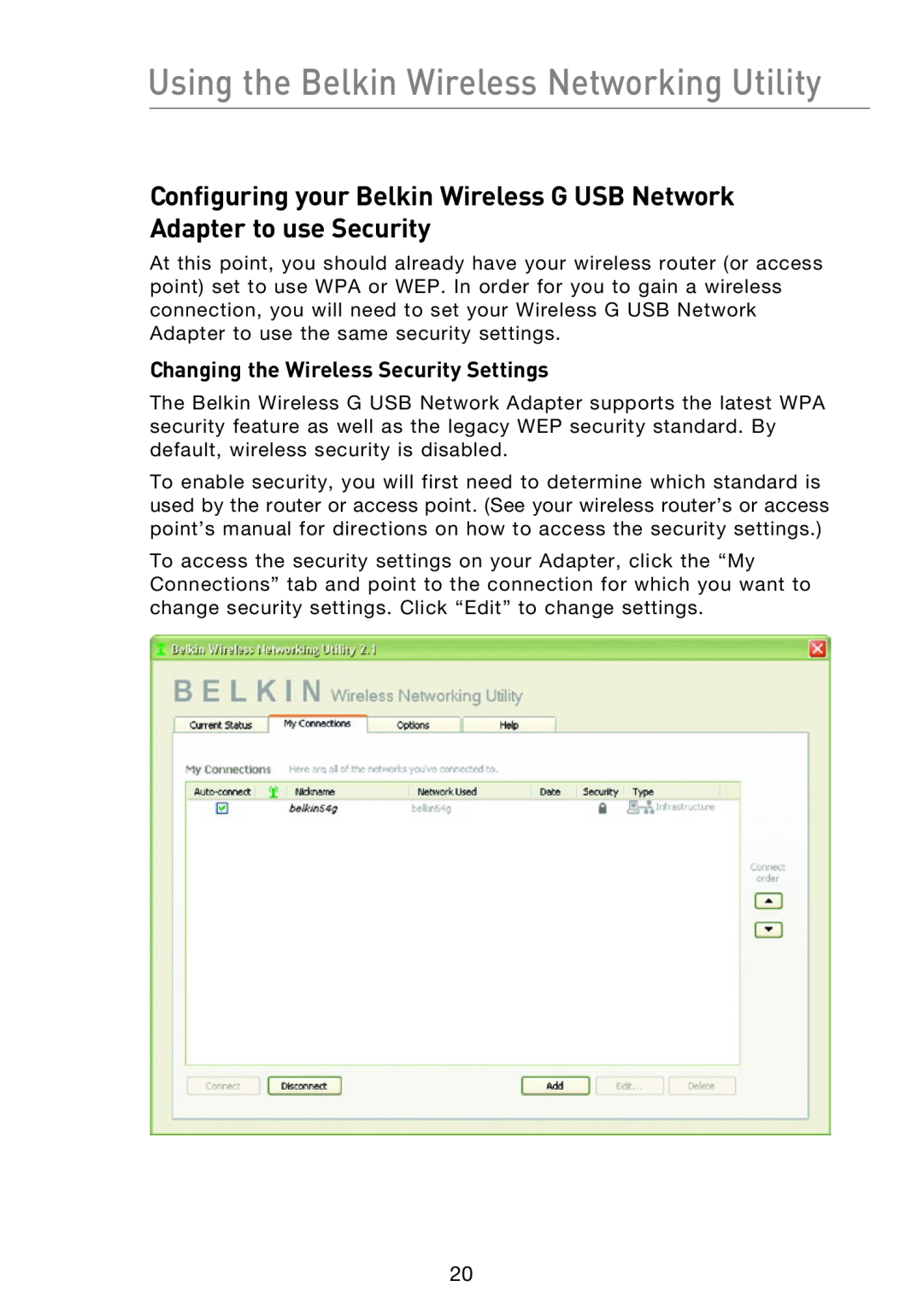 Belkin P74471EA-B manual Changing the Wireless Security Settings, Using the Belkin Wireless Networking Utility 