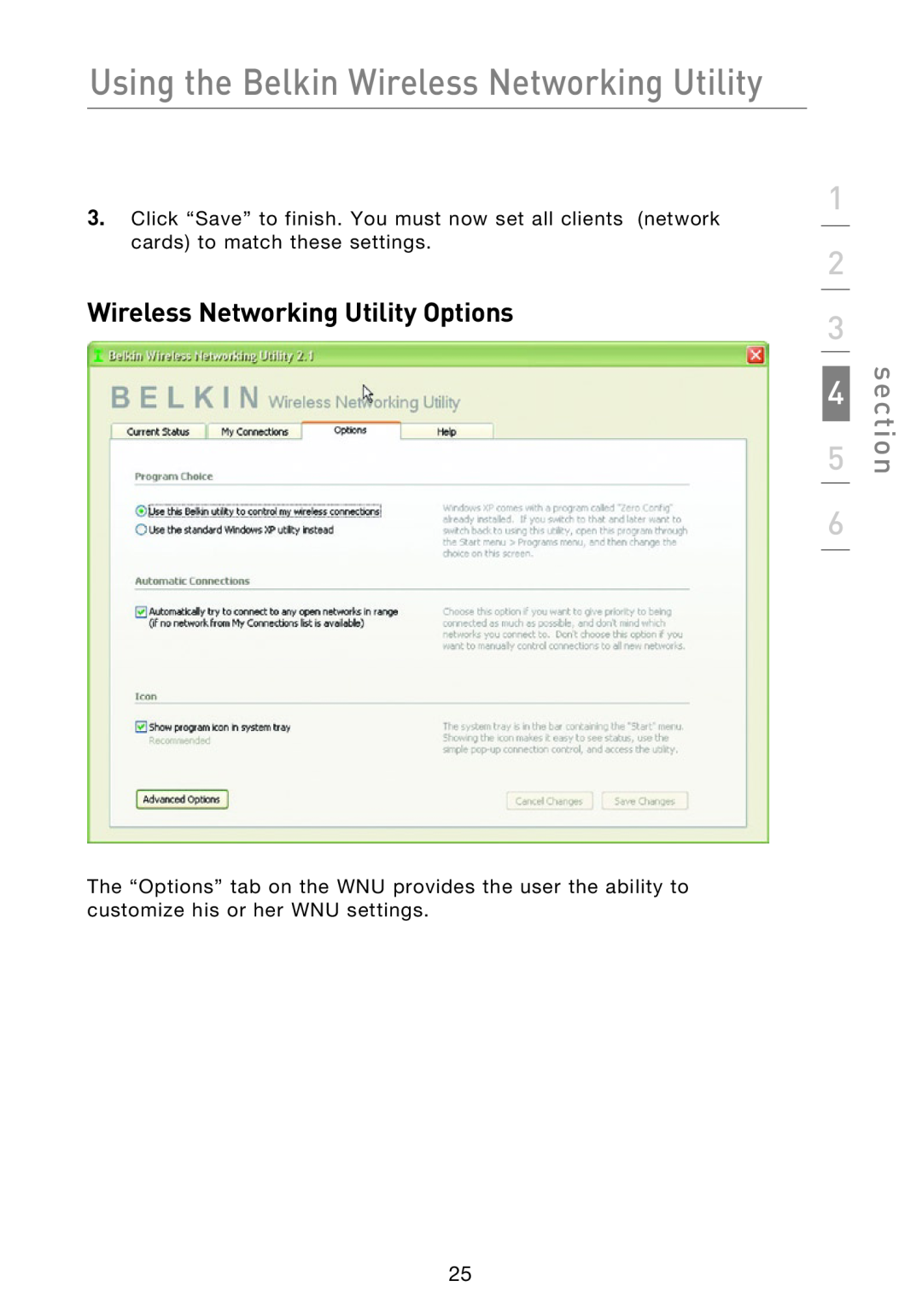 Belkin P74471EA-B manual Wireless Networking Utility Options, Using the Belkin Wireless Networking Utility, section 