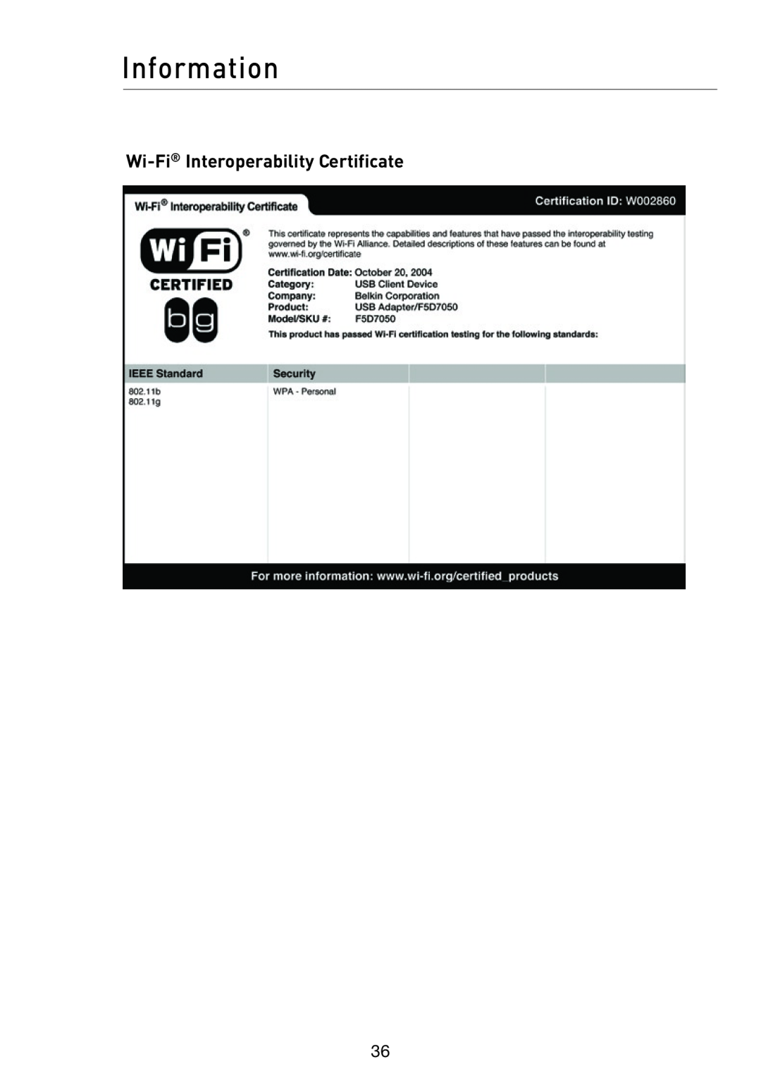 Belkin P74471EA-B manual Information, Wi-Fi Interoperability Certificate 