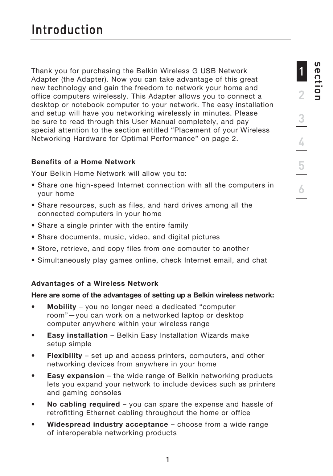 Belkin P74471EA-B manual Introduction, section, Benefits of a Home Network, Advantages of a Wireless Network 