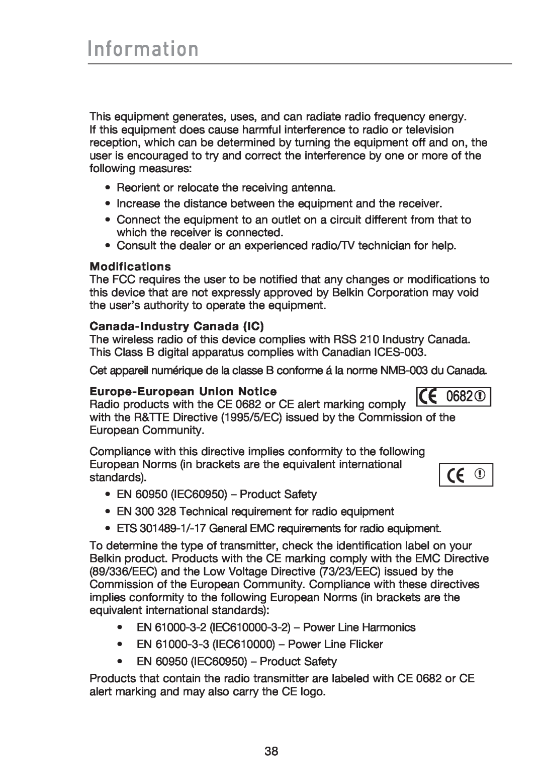 Belkin P74471EA-B manual Information, Modifications, Canada-Industry Canada IC, Europe-European Union Notice 