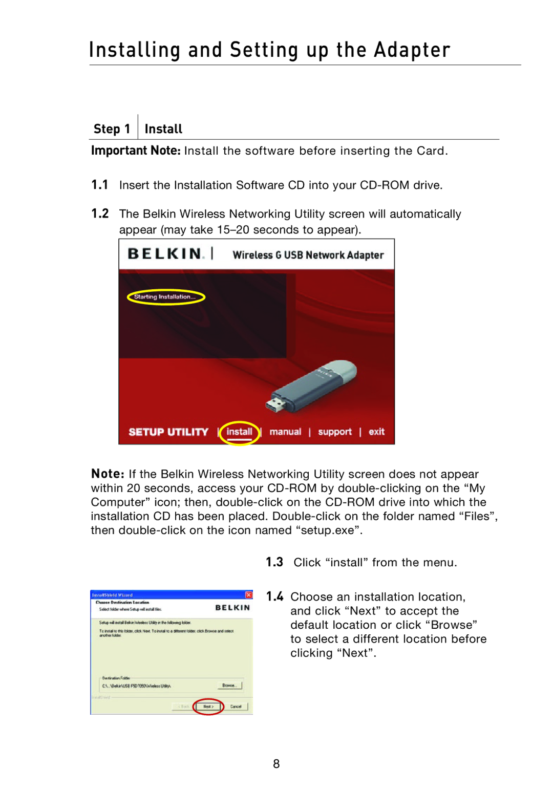 Belkin P74471EA-B manual Installing and Setting up the Adapter 