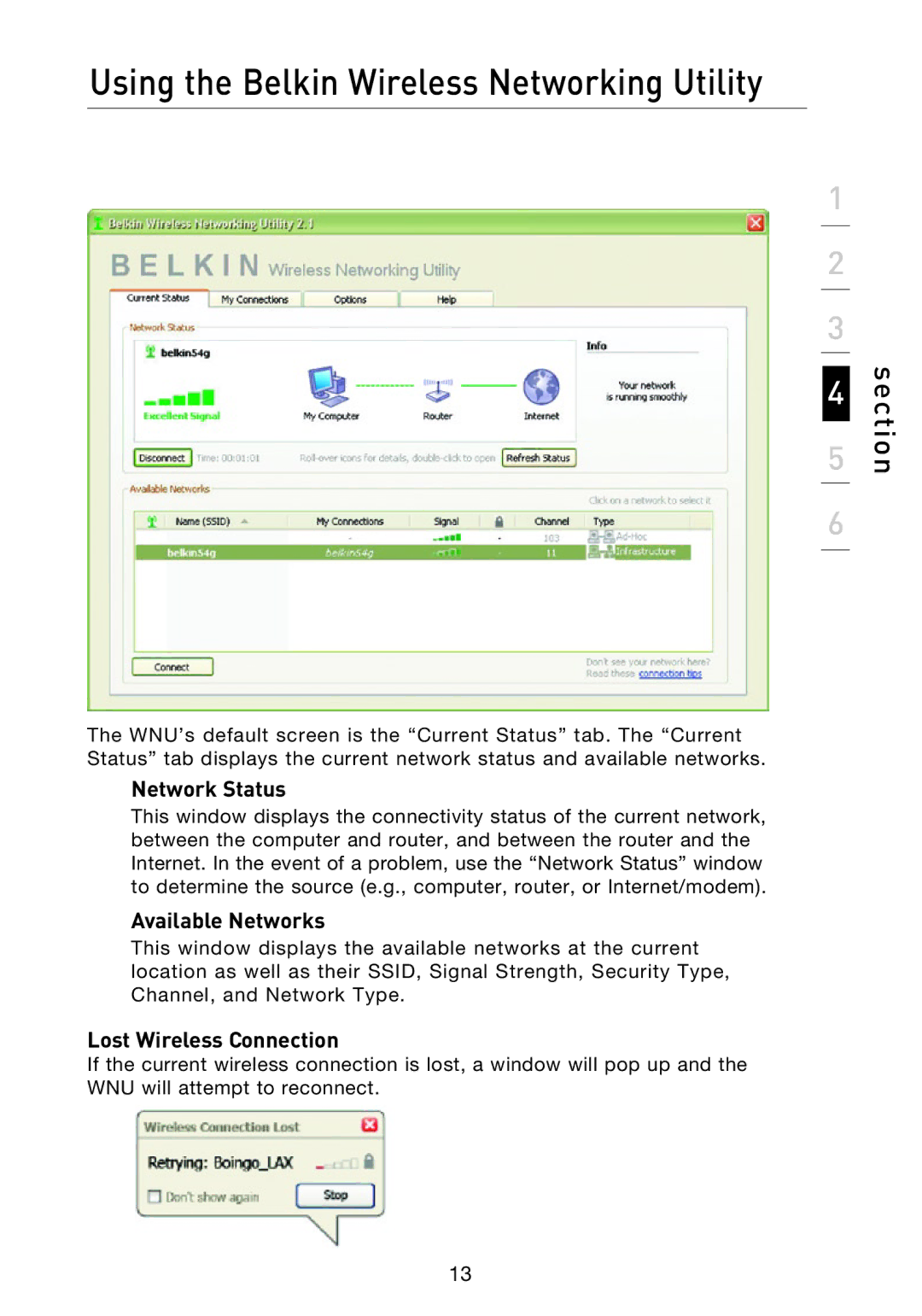 Belkin P74471EA-B manual Network Status, Available Networks, Lost Wireless Connection 