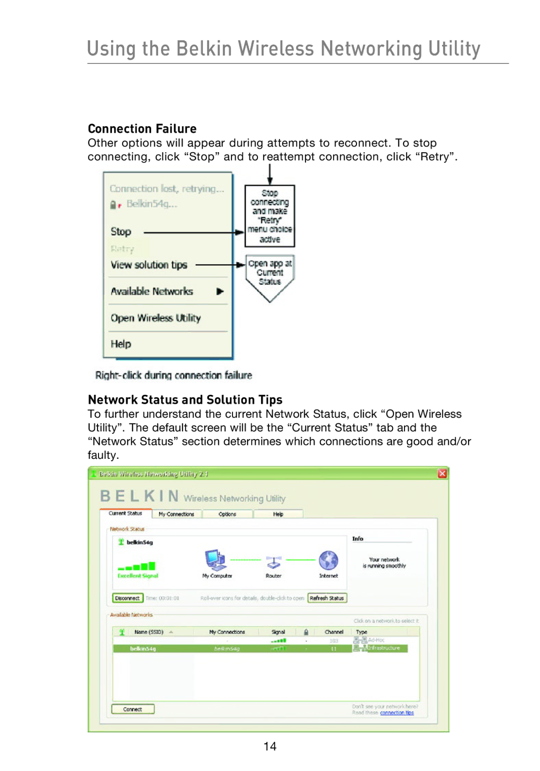 Belkin P74471EA-B manual Using the Belkin Wireless Networking Utility, Connection Failure, Network Status and Solution Tips 