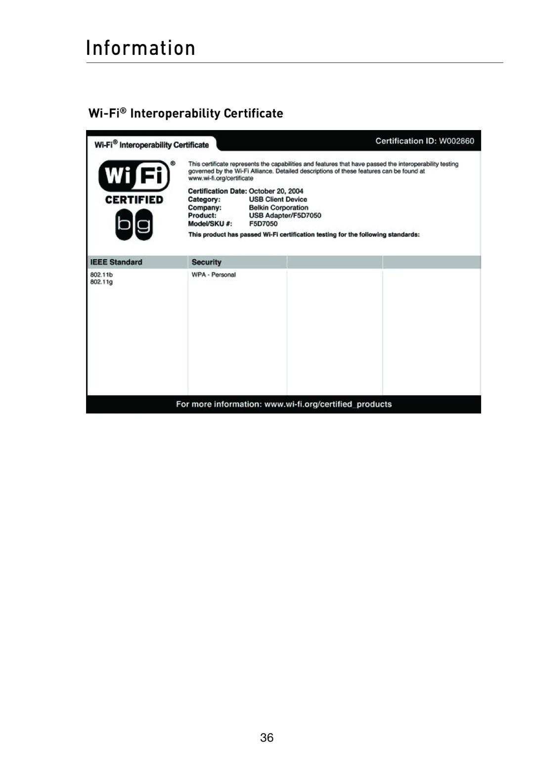 Belkin P74471EA-B manual Wi-FiInteroperability Certificate 